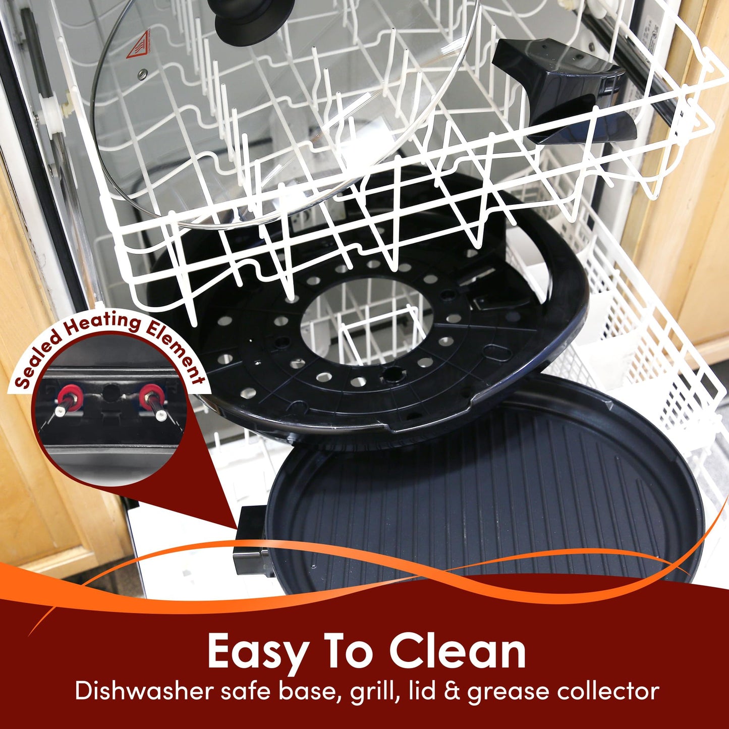Elite Gourmet EMG-980BX Large Indoor Electric Round Nonstick Grill Cool Touch Fast Heat Up Ideal Low-Fat Meals Dishwasher Safe Includes Glass Lid, 14", Black
