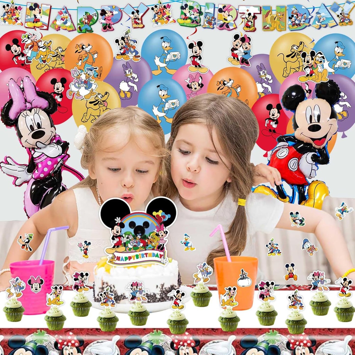 Cartoon Party Supplies, Cute Mouse Birthday Party Decorations Include Happy Birthday Banner, Balloons, Hanging Swirls, Stickers, Cake Toppers, Tablecloth