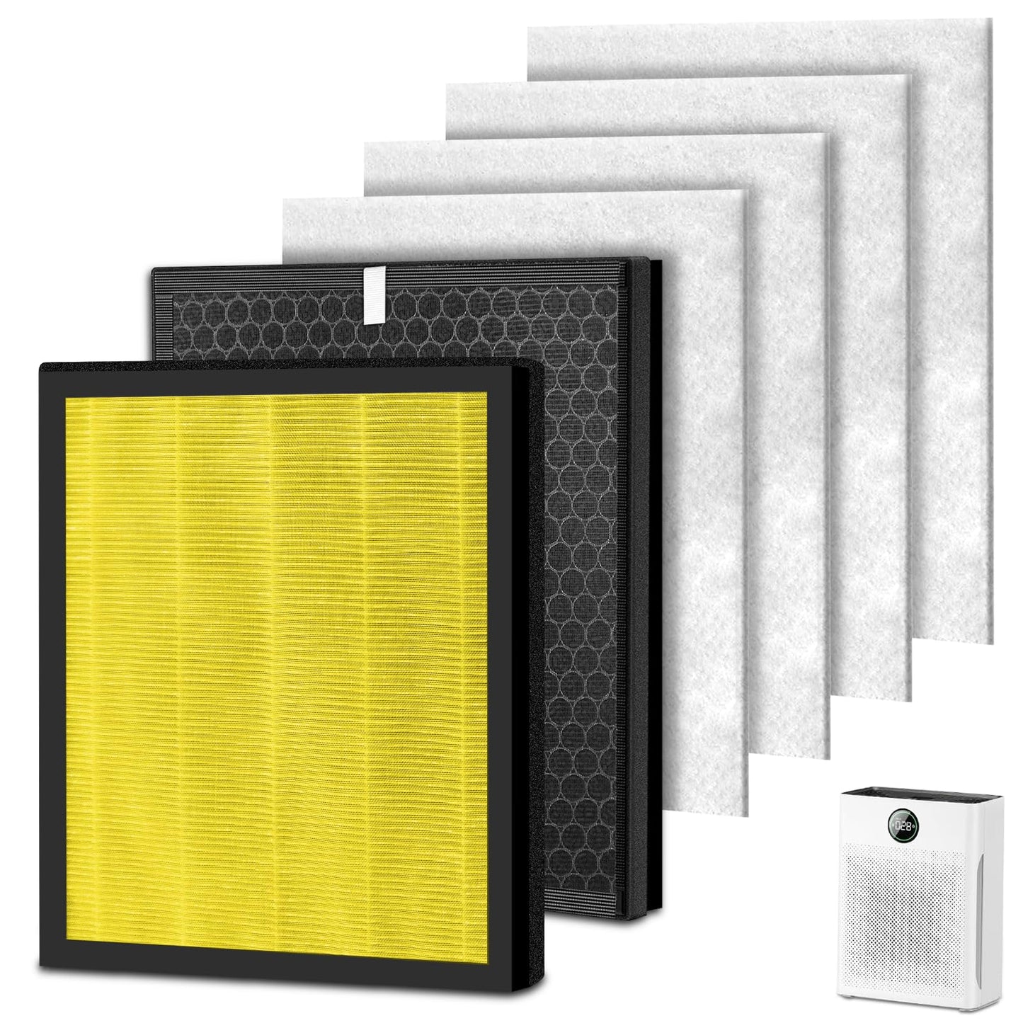 2 Pack PR1 Replacement Filter,Compatible with MOOKA PR1 Pet Air Purifier,Suitable for Large Room with 2000 Ft², 2 PR1 Filters & 4 Washable Pre-Filters for Pet-raising family(Yellow)