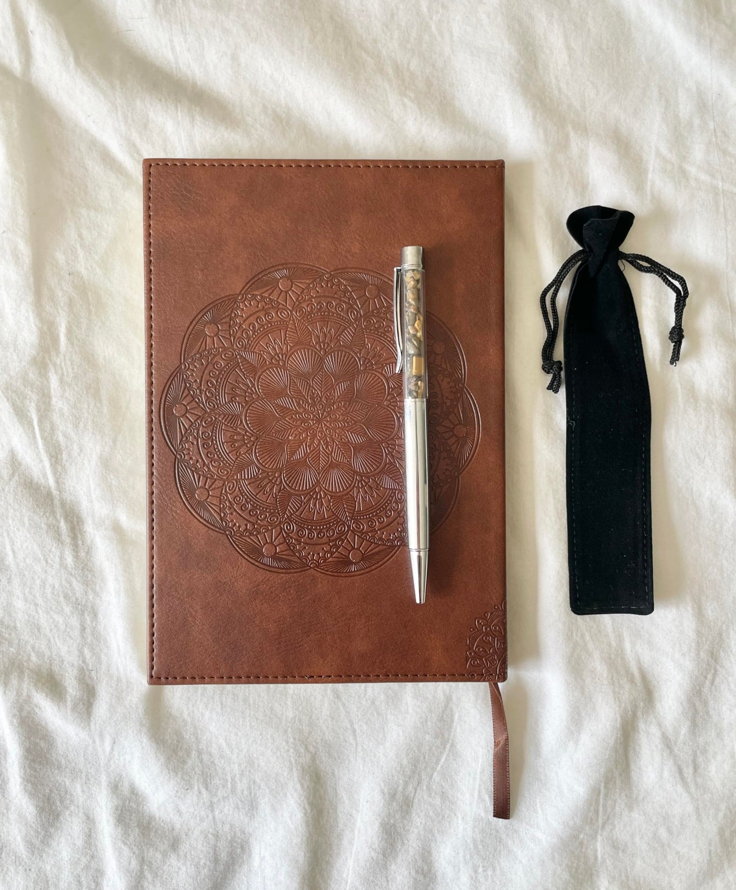 Brown Notebook and Tiger’s Eye Crystal Pen Gift Set for Men or Women, Vegan Faux Leather Journal, Hamsa Hand Evil Eye Protection Spiritual Gifts (Brown Notebook & Tiger's Eye Pen Set)