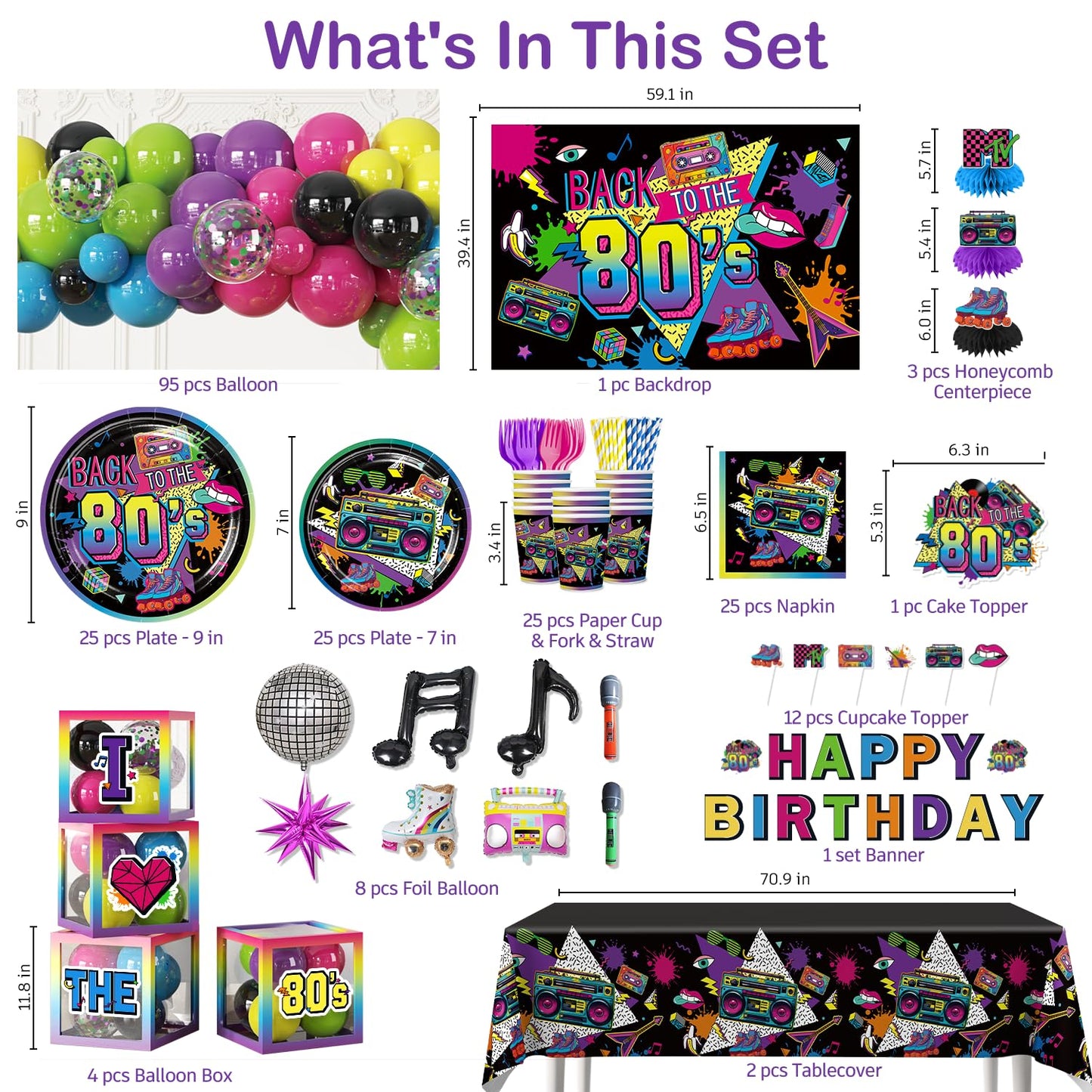 277pcs 80s Party Decorations Serves 25, All-in-one Set with Back To The 80's Backdrop Tableware Balloon Arch Tablecloth Balloon Box Cupcake Topper Table Decor, Etc. for 80s Party Decorations