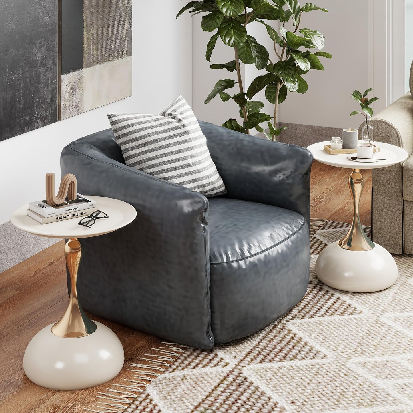 Metal Round End Table,Modern Pedestal Table,Corner Drink Tables,Accent Side Table Nightstand for Living Room,Patio and bar (White-Gold)
