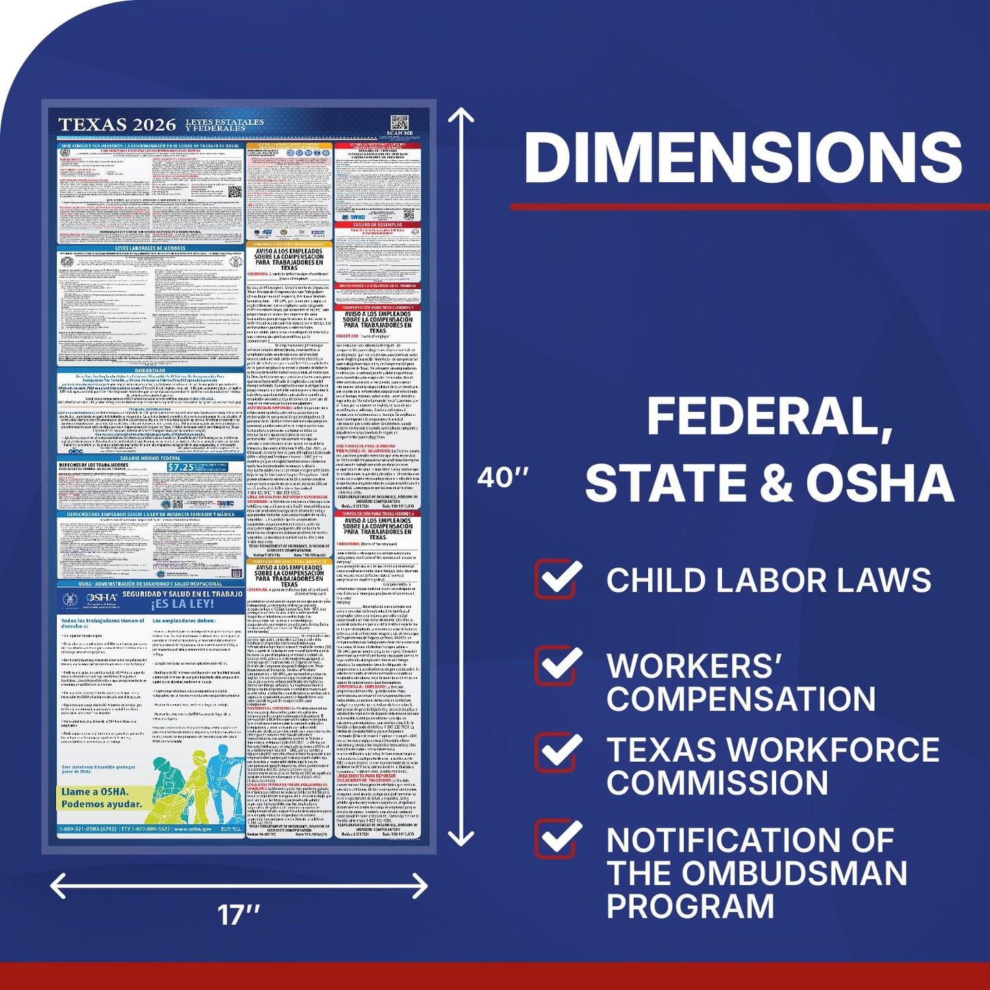 2026 Texas State and Federal Labor Law Poster - English Spanish Combo - OSHA Workplace Compliant - Mandatory Regulations All-In-One Required Compliance Posting for Employees - 17" x 40" - Laminated (Combo)