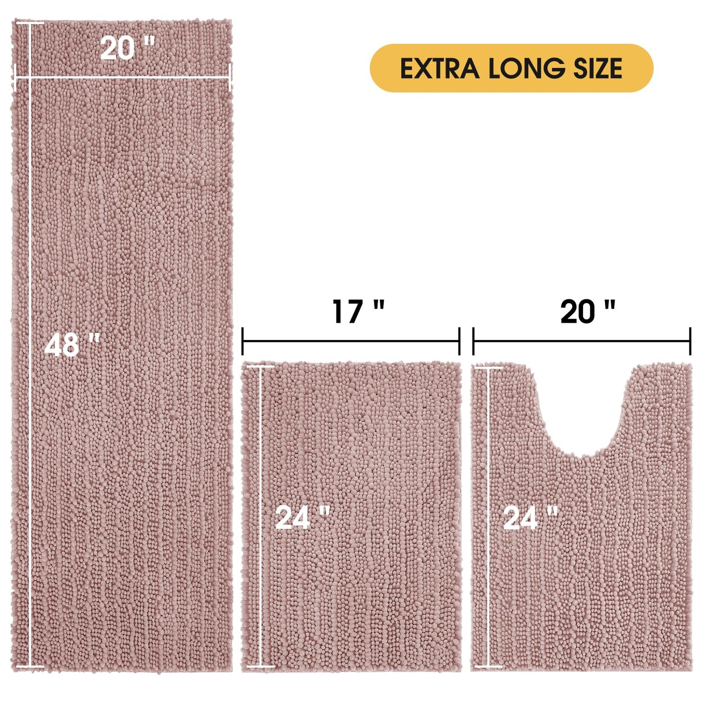 ACCUMTEK Upgrade Extra Large Dusty Pink Bathroom Rug Set 3 Pieces Ultra Soft, Thick Absorbent Bath Mats, Non Slip Chenille Toilet Mat for Bathroom, Bedroom, Kitchen