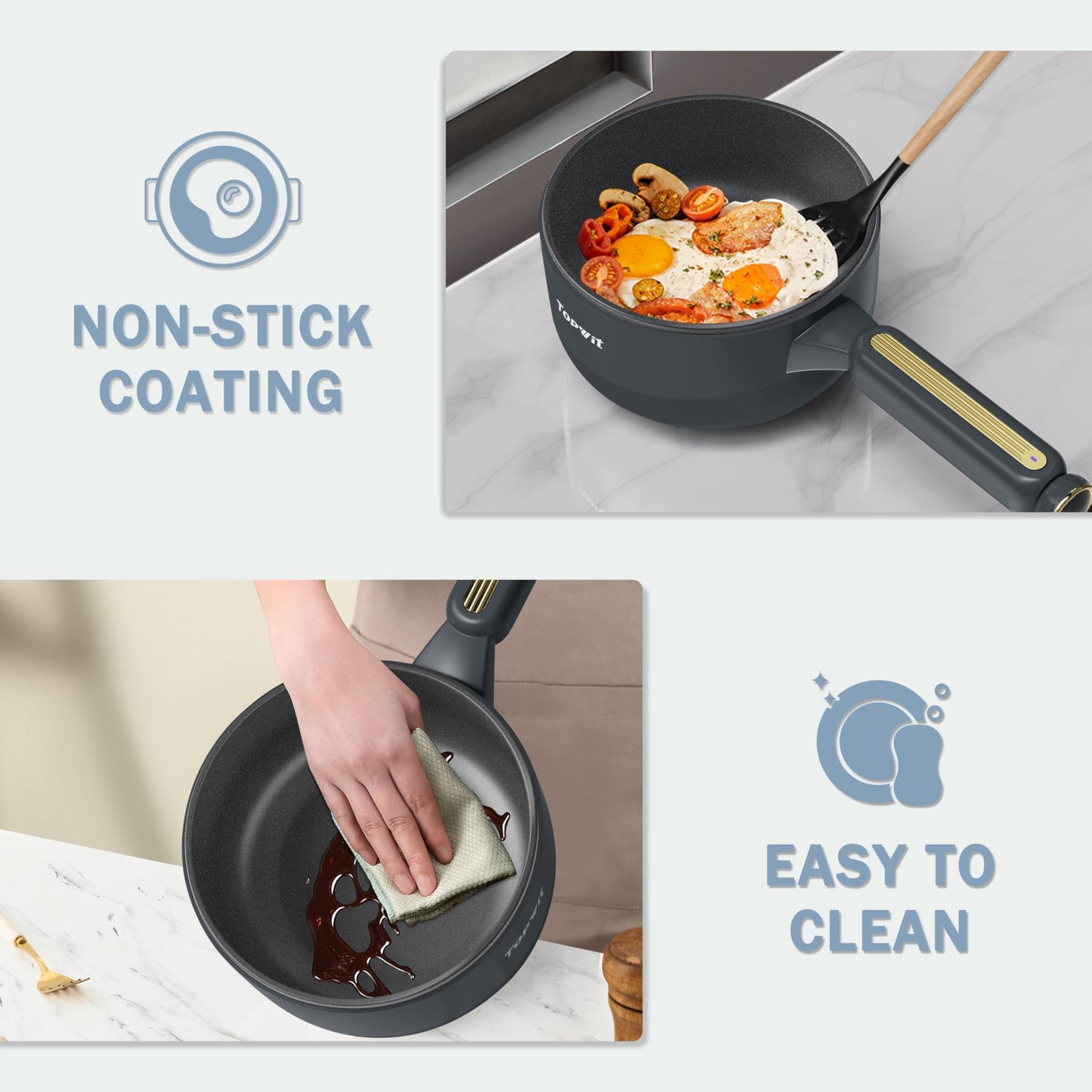 TOPWIT Hot Pot Electric with Steamer, 2L Multifunctional Electric Cooker, Non-Stick Sauté Pan, Portable Pot for Steak, Fried Rice, Ramen, Soup with Dual Power Control (Spatula Not Included), Grey