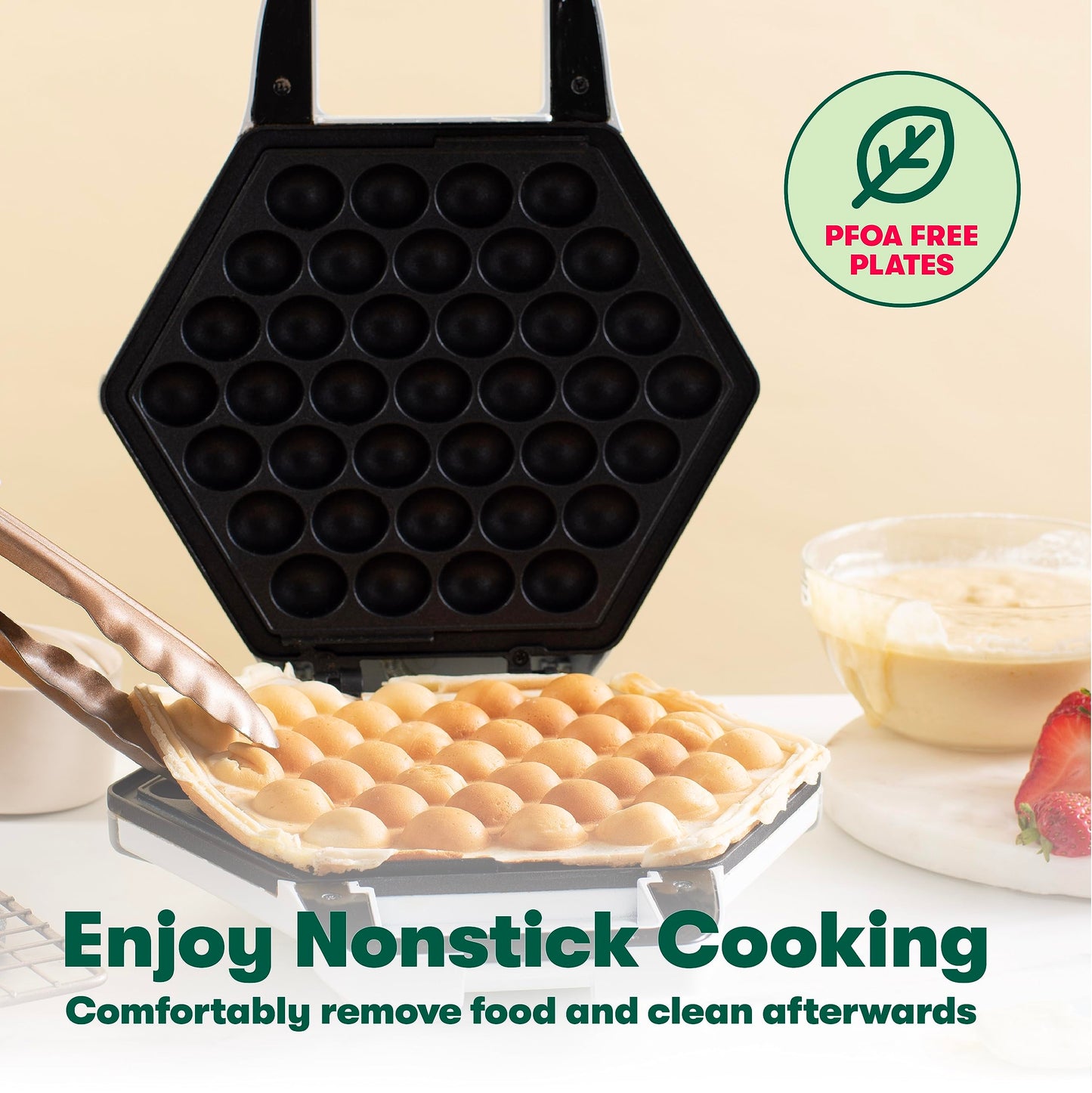 bella Bubble Waffle Maker for Hong Kong Style Breakfast Dessert 9" Waffles, Keto Chaffles Iron with Non-stick PFOA Free Iron Plates for Easy Cleaning and Food Release, Cone Rack Included, White