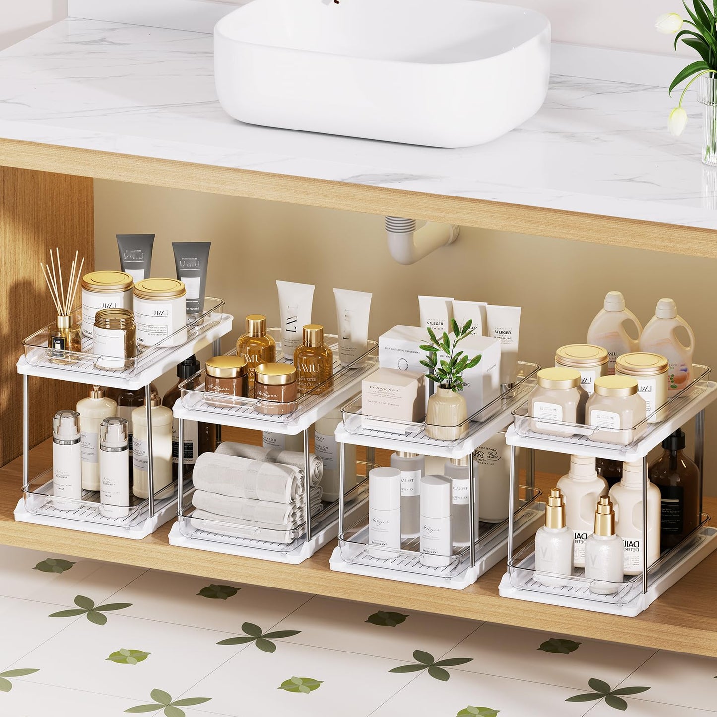 Delamu 2-Tier Bathroom Under Sink Organizers and Storage, Pull Out Cabinet Drawers with Anti-Slip Design, Multi-Purpose Storage for Kitchen, Pantry, Bathroom & Home Organization, White, 4 Pack