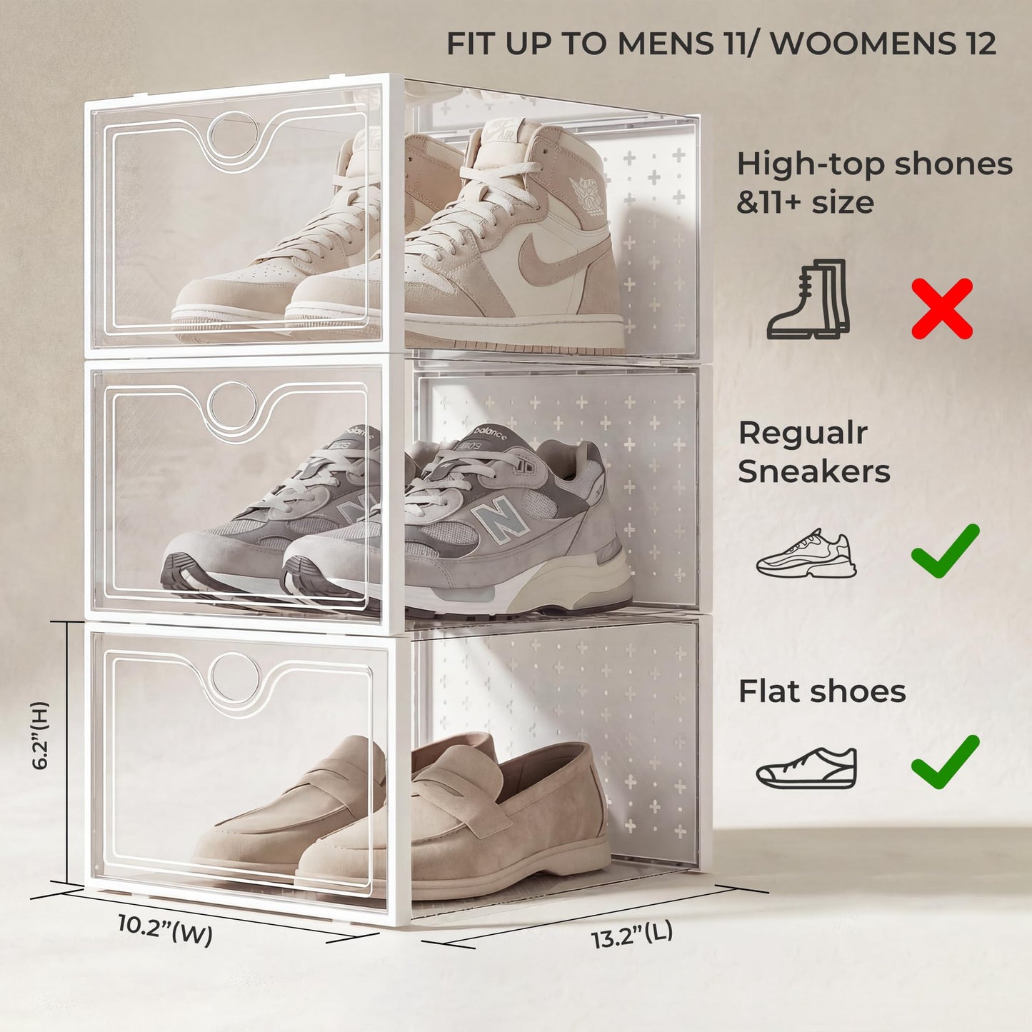 Pinkpum 15 Pack X-Large Shoe Storage Boxes Fit US Size 11, Shoe Organizer for Closet Clear Plastic Stackable Shoe Dispaly Case Holder Bins, Sneaker Storage for Sneakerheads White for Home and Family