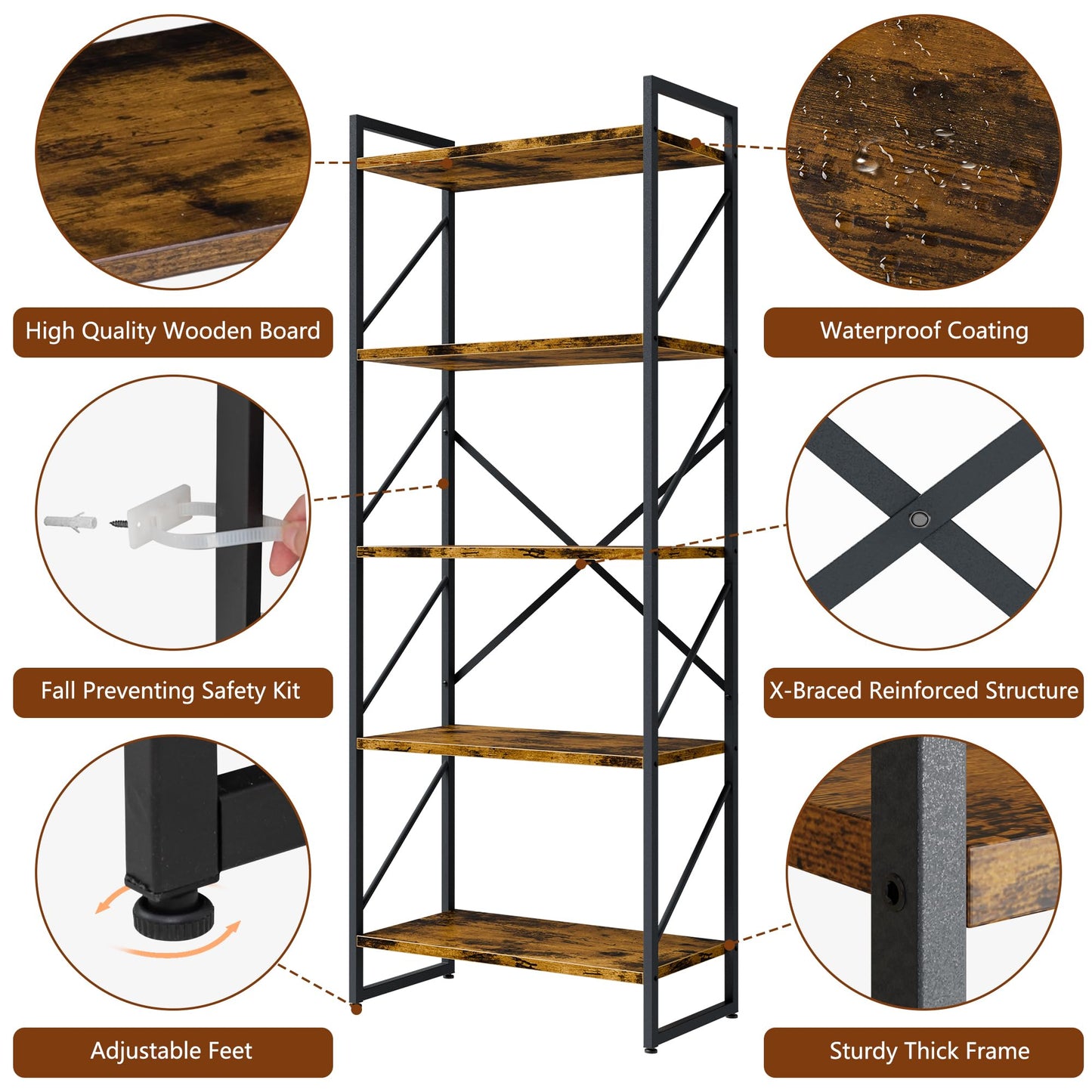 Shintenchi 5 Tiers Bookshelf, Classically Tall Bookcase Shelf, Industrial Book Rack, Modern Book Holder in Bedroom/Living Room/Home/Office, Storage Rack Shelves for Books/Movies-Rustic Brown