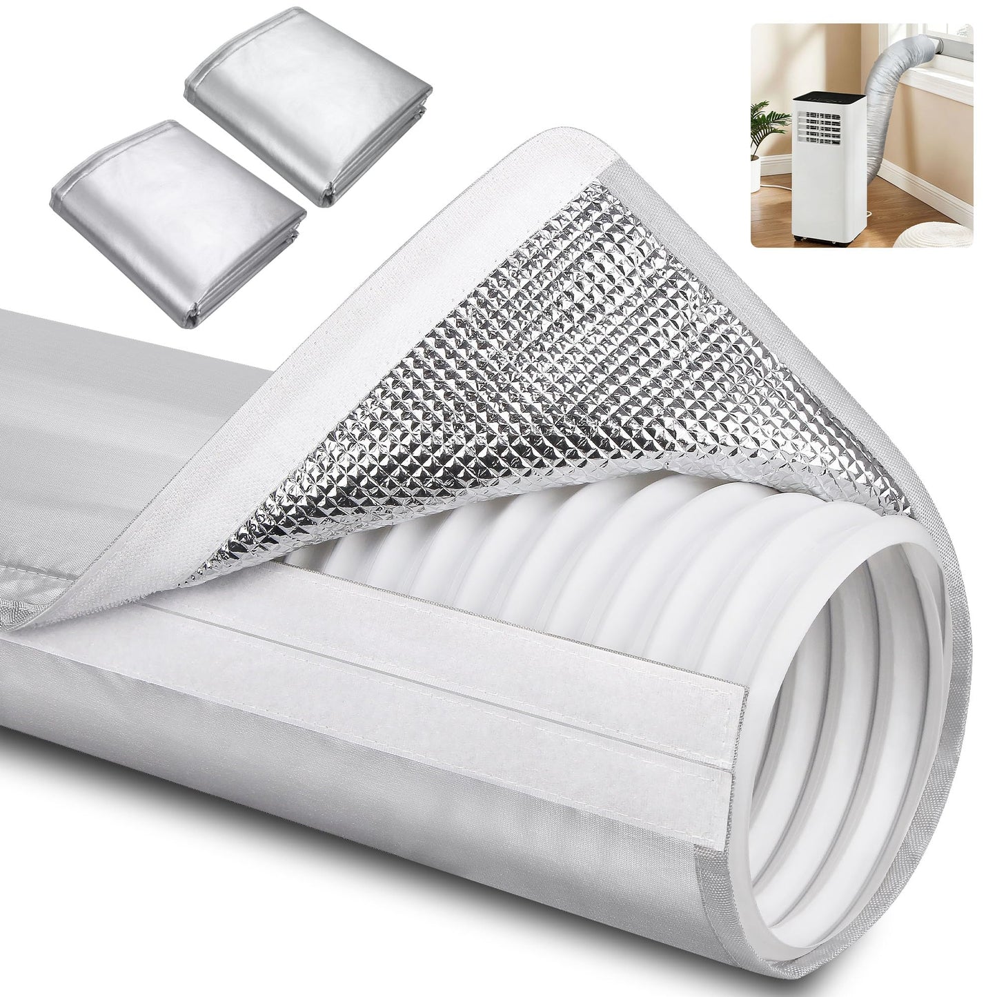 Upgraded Aluminum Foil Portable AC Hose Insulation Sleeve | Heat Reduction for 5"-5.9" Air Conditioner Hoses | Waterproof Cover Wrap with Strong Velcro | Energy Saving for AC Duct Vents | 2Pcs Silver