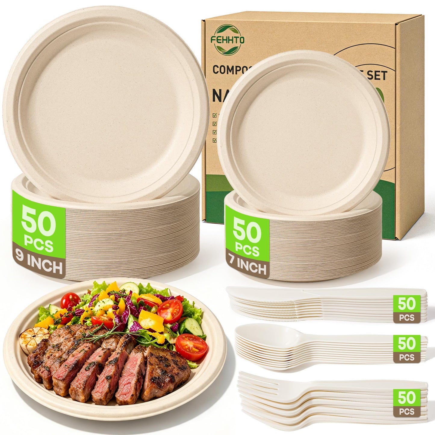 FEHHTO Compostable Paper Plates Set, 250PCS Disposable Heavy-Duty Sugarcane Plate and Eco-Friendly Utensil Biodegradable Dinnerware Plates, Extra Long Forks & Knives & Spoons for Party