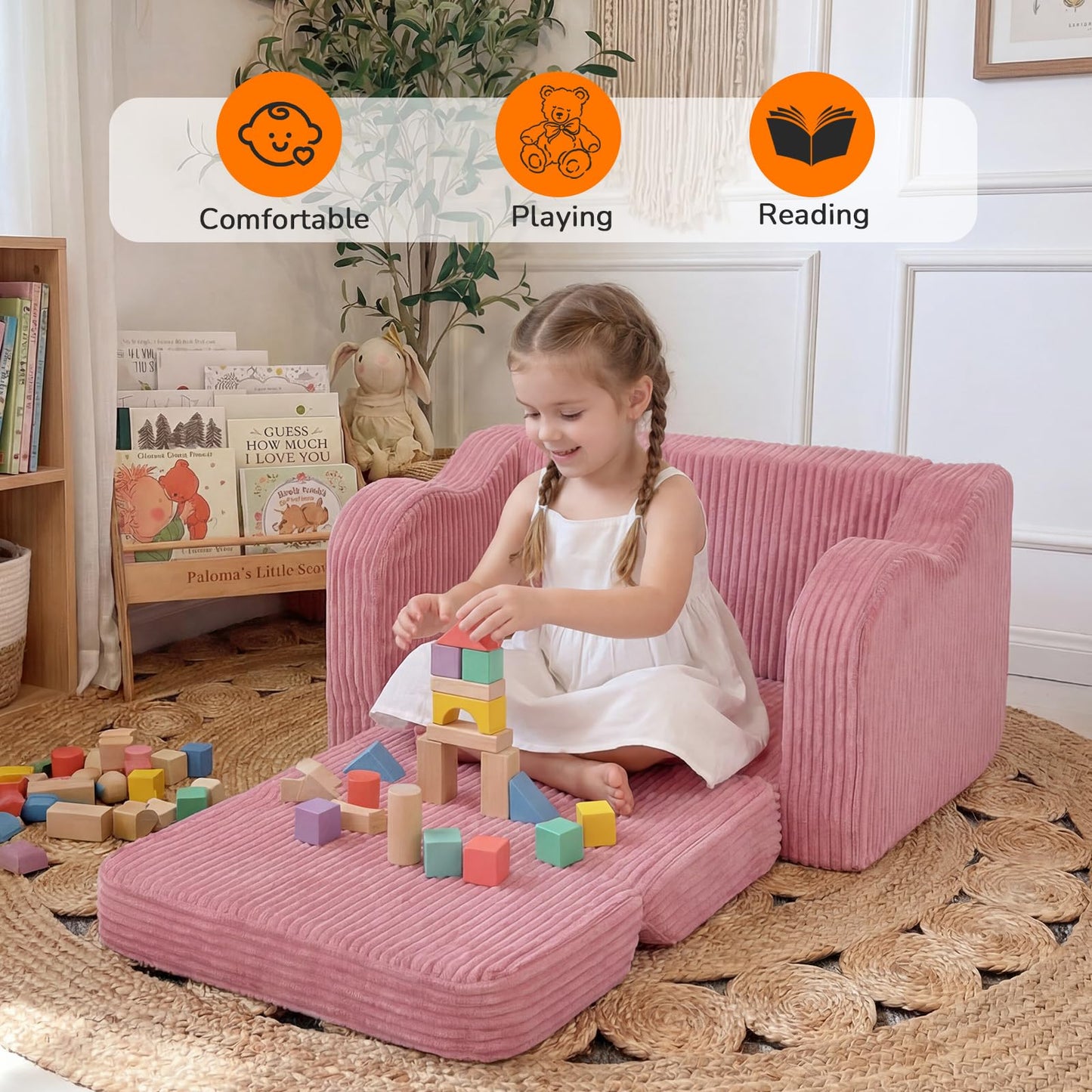 MeMoreCool Corduroy Pink Kids Chair, 2-in-1 Kids Couch Fold Out to Lounger for Girls, Comfy Foam Sofa for 1-3 Year Old with Washable Cover for Playroom and Bedroom