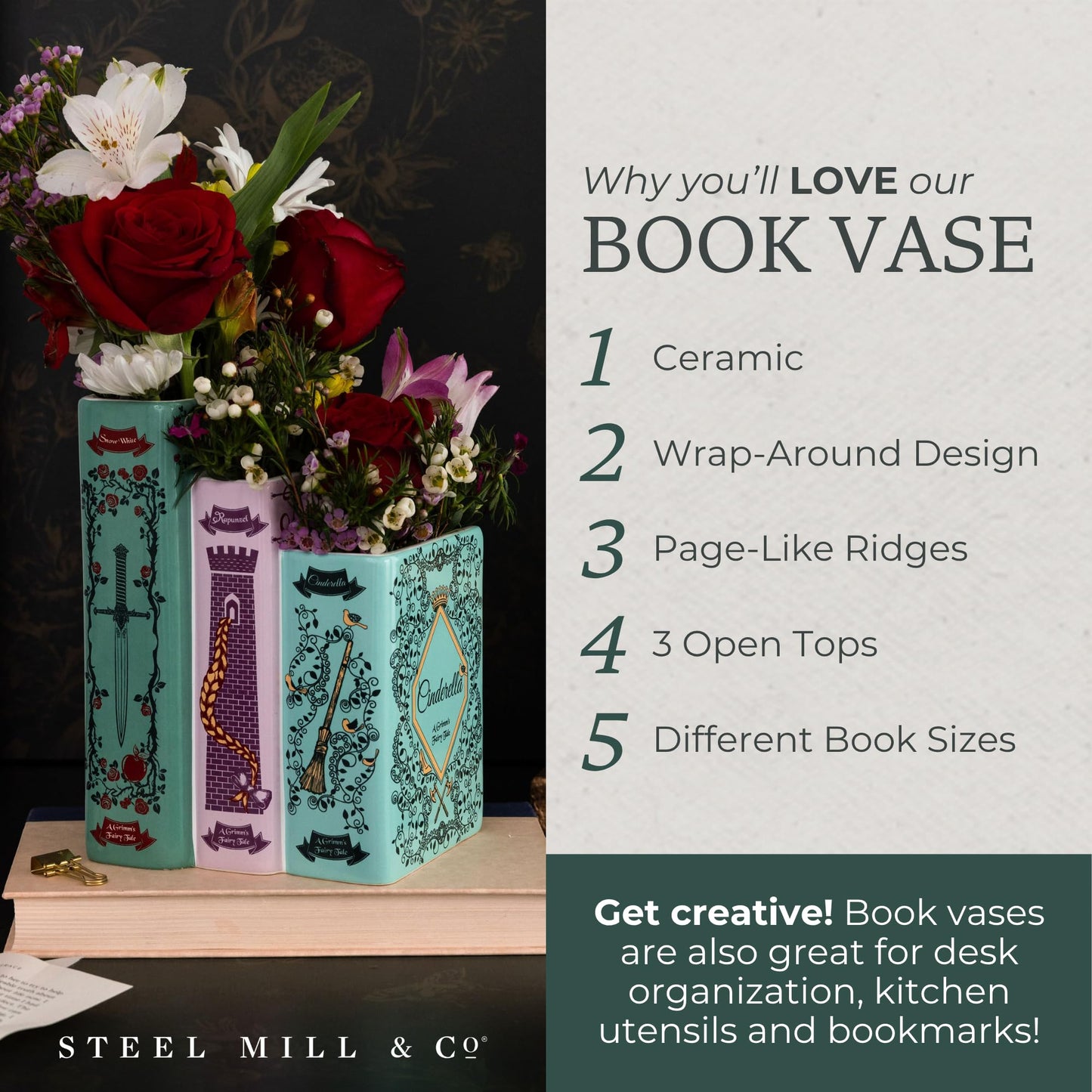 Steel Mill & Co Original Triple Book-Shaped Decorative Vase, Tiered Ceramic Bookshelf Decor, Unique Flower Holder for Book Lovers, Grimm's Fairy Tales