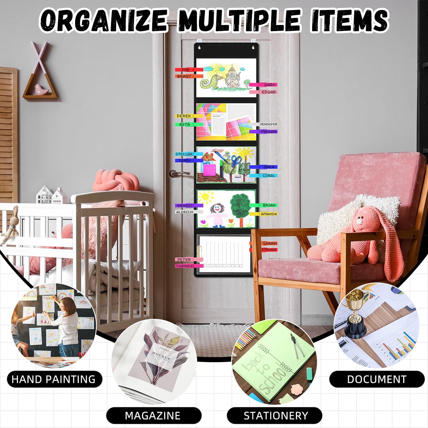 MotiMind 52 Pcs Student Behavior Clip Chart for Classroom, Black 5 Pockets Storage Pocket Chart with Wooden Clips for Operation Christmas Items Demonstrations Teacher Office Organization