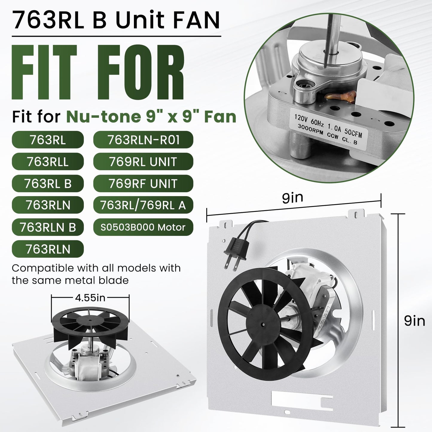 【Upgraded Copper Motor】763RL B Unit, 763RLN Fan Motor S0503B000 Fit for Nut-one Bro-an 763RLN B 763RL/769RL A Unit 763RLN 763RLL 763RLN-R01, 769RF/769RL B Unit Fan, 9"x 9" 50CFM 2.0 Sone By Fetechmate