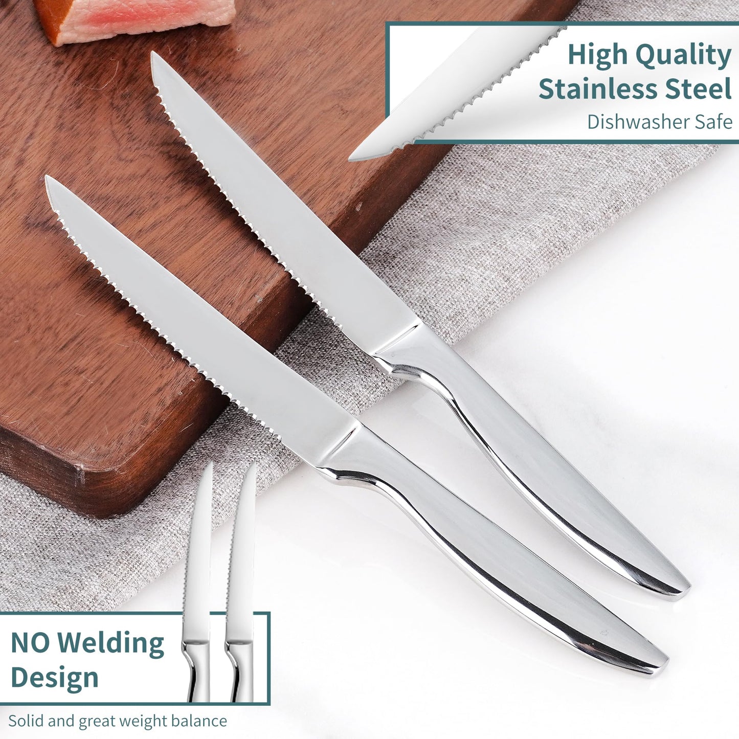 SuperCook Steak Knives Set of 12, Stainless Steel, High End, Serrated, Dishwasher Safe, Silver