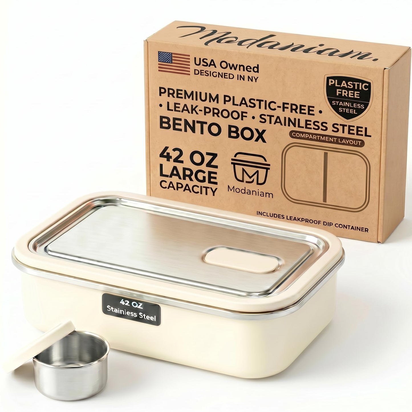 Modaniam Stainless Steel Bento Box, Stainless Steel Lunch Box for Adults, 42 OZ, Metal Lunch Box, Lunch Containers with Compartment, Vanilla, Leak Proof