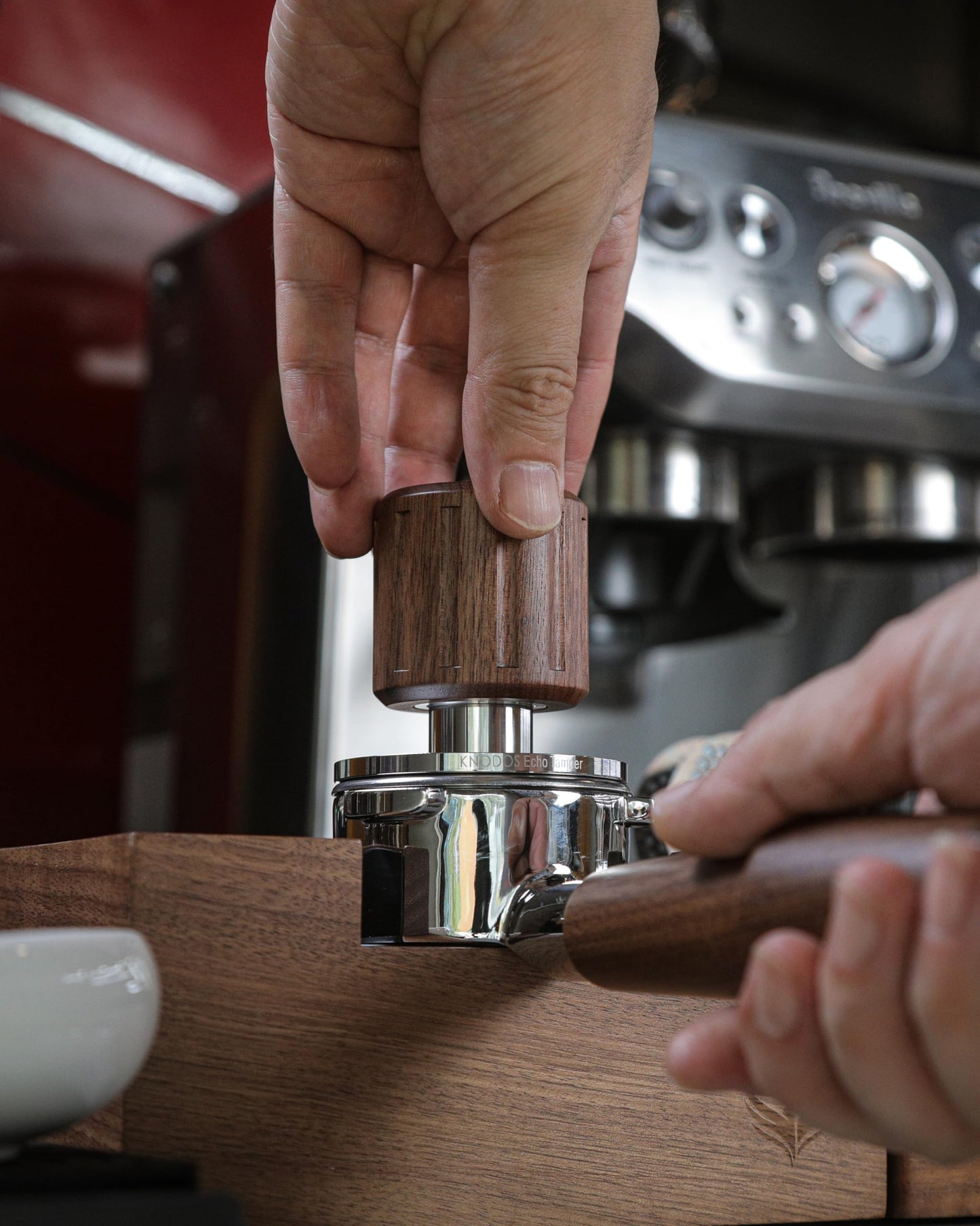 KNODOS Echo Calibrated Espresso Tamper 54mm with Click Feedback, 30lb Spring, Walnut Handle for Breville Portafilters