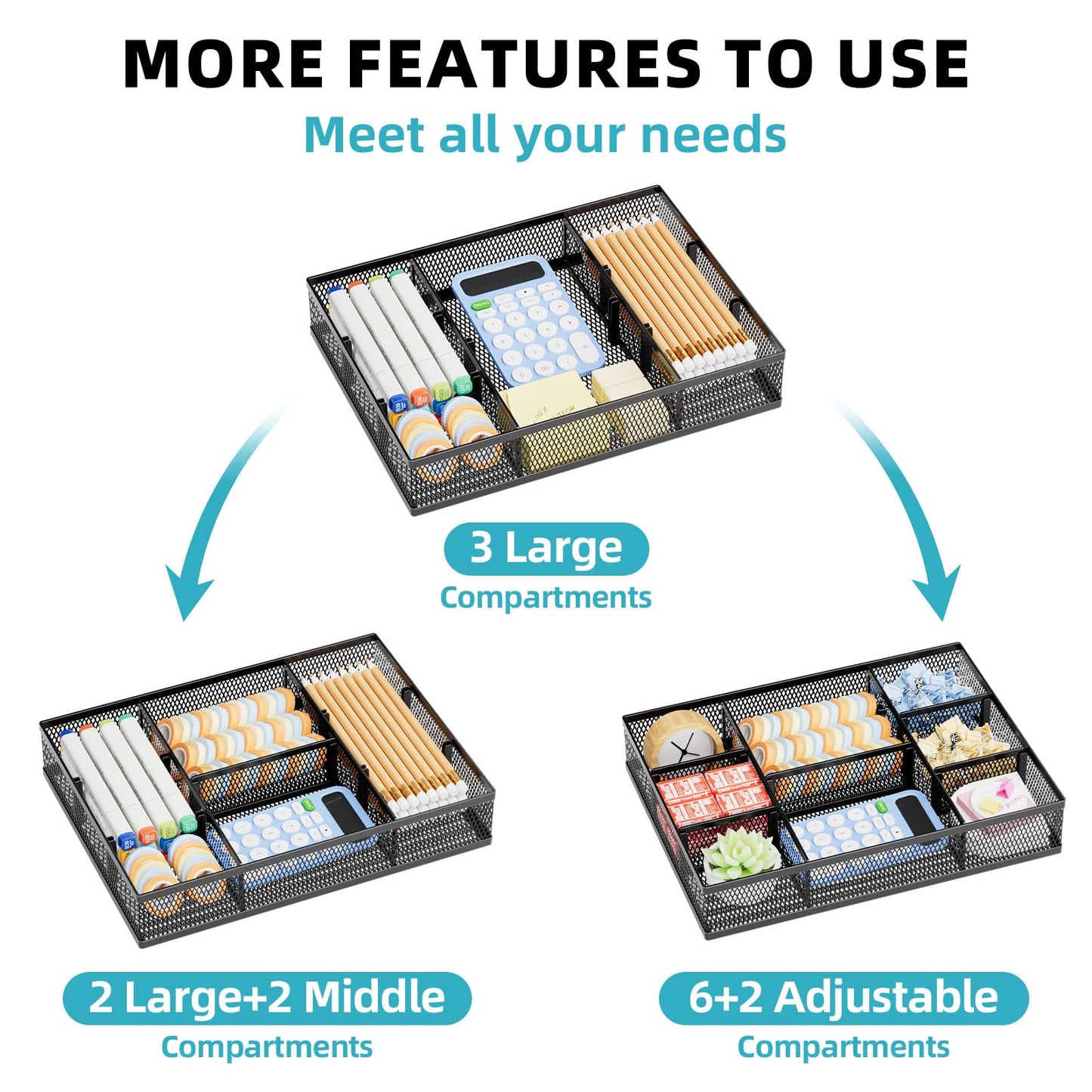 Marbrasse 2 Pack Desk Drawer Organizer, Mesh Drawer Organizer Tray with 8 Adjustable Compartments, Desk Organizers and Accessories, 5 Dividers Drawer for Office Supplies, Makeup & Vanity (Black-2P)
