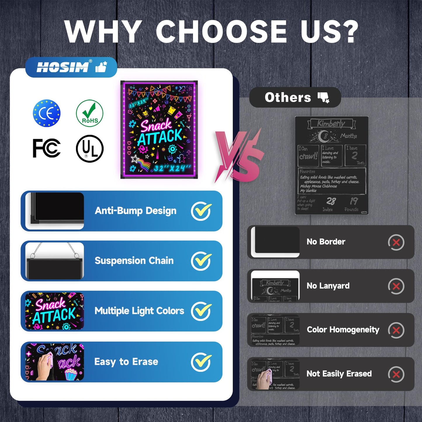 Hosim LED Message Writing Board, 28”x 20" Neon Signs Chalkboard Menu Board, 16 Colors Light Board, LED Sign Board, LED Note Board for Restaurant Display Light Up Sign