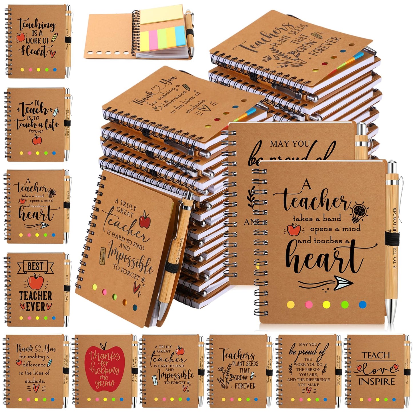 Glenmal 30 Sets End of Year Gifts for Teachers Spiral Notebook Thank You Appreciation Gift for Teachers from Students Inspirational Journal with Bamboo Pens for Office Supplies
