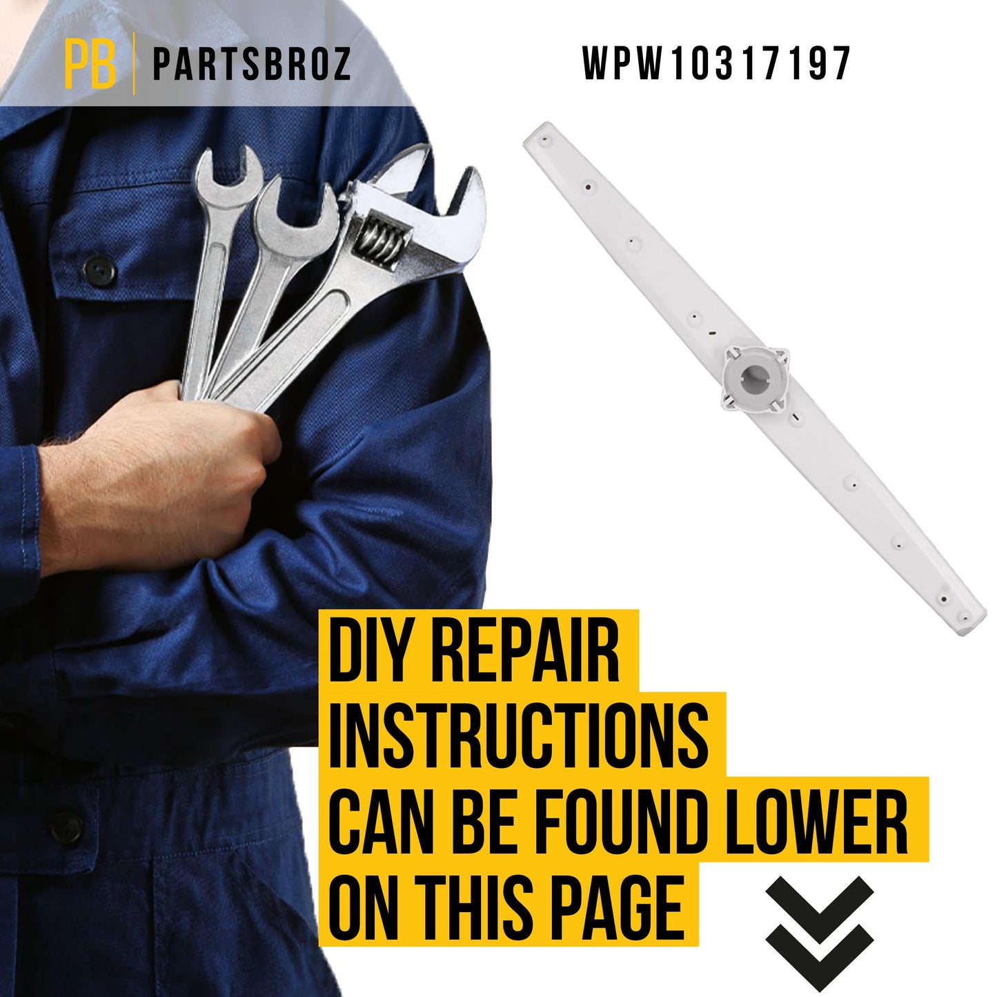 PartsBroz WPW10317197 Upper Spray Arm - Compatible With Whirlpool Amana Inglis Dishwasher - Replaces AP6019390 W10317197 2209779 PS11752696 Ultra Durable Replacement