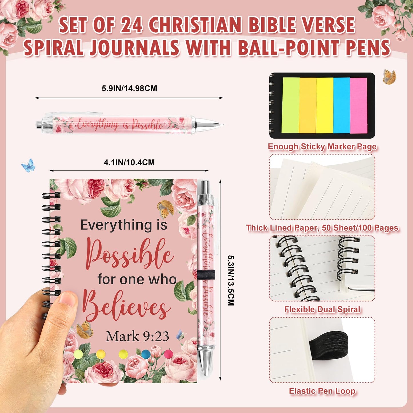 Piuaeue 48 Pcs/24 Set Christian Prayer Journal Spiral Notebooks Bulk with Pens Prayer Journal Religious Bible Verse Mothers Day Holy Week Spiral Notebook for Women Men Church Member Teacher