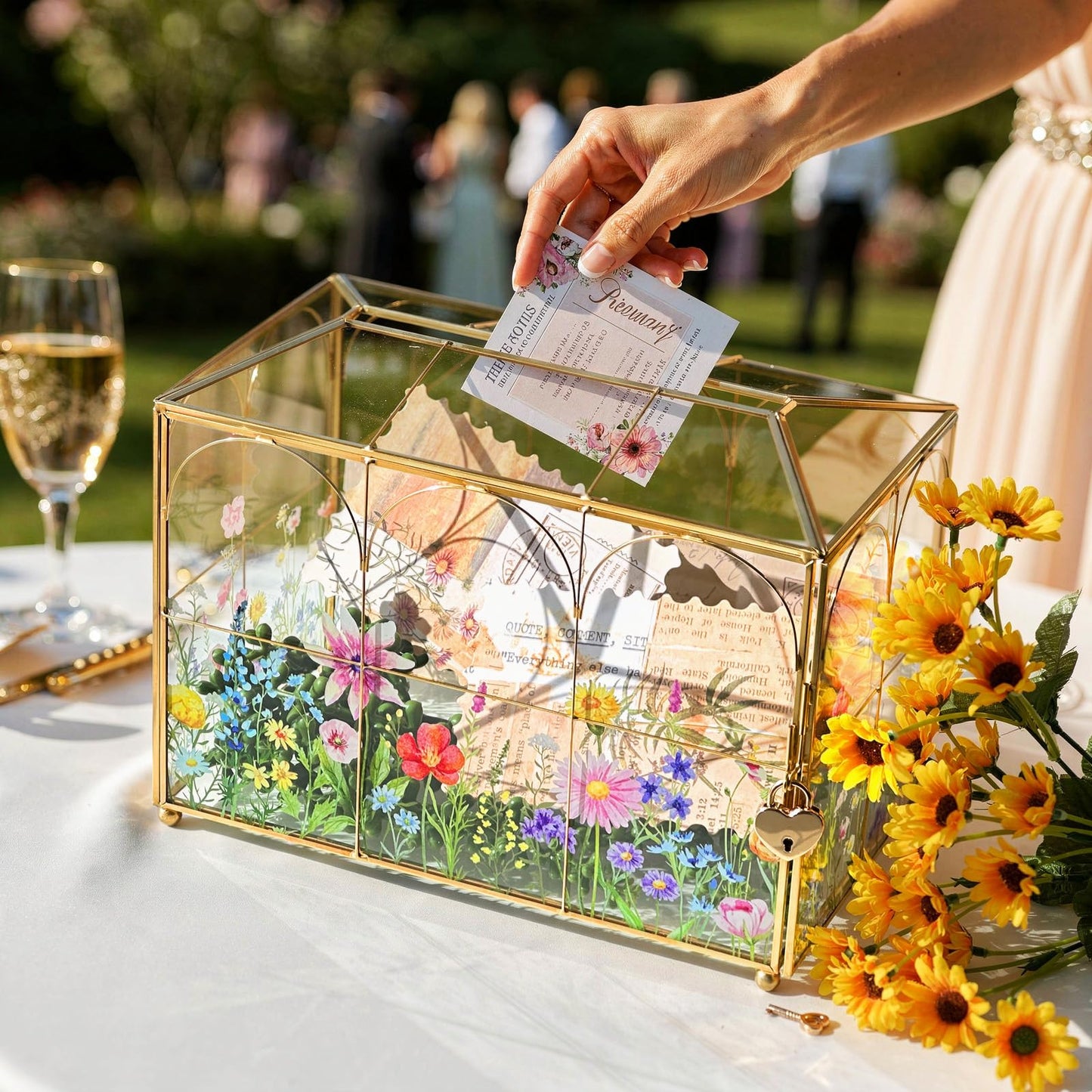 AerWo Glass Wedding Card Box with Lock, Gold Rim Gift Card Box for Wedding with Flower Patterns, Clear Wedding Card Boxes for Reception Memory Money Box for Graduation Baby Shower Birthday Party Decor