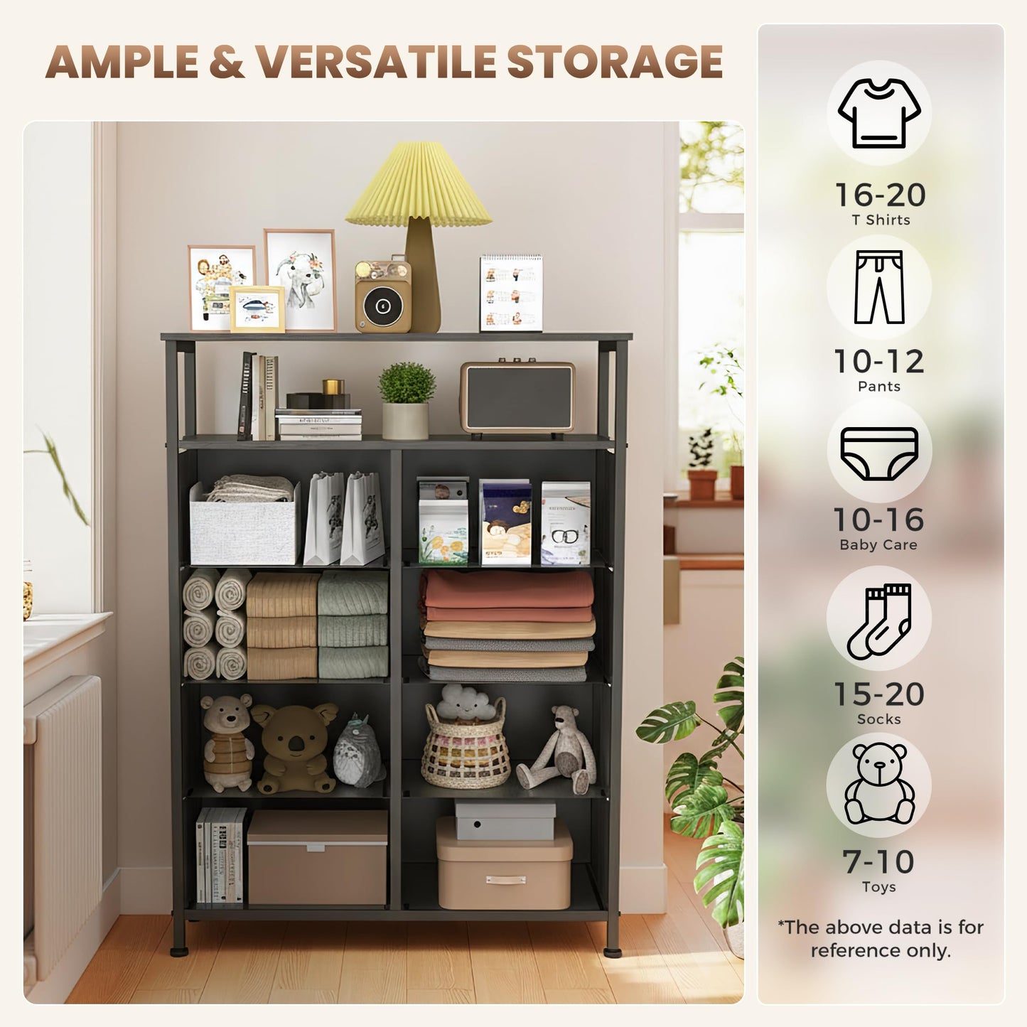 DUMOS Fabric Dresser for Bedroom with 8 Drawers, Tall 8-Drawer Chest of Drawers with Raised Shelf, Storage Tower with Fabric Bins for Closet Organization, Hallway Storage, Black Wood Grain Print