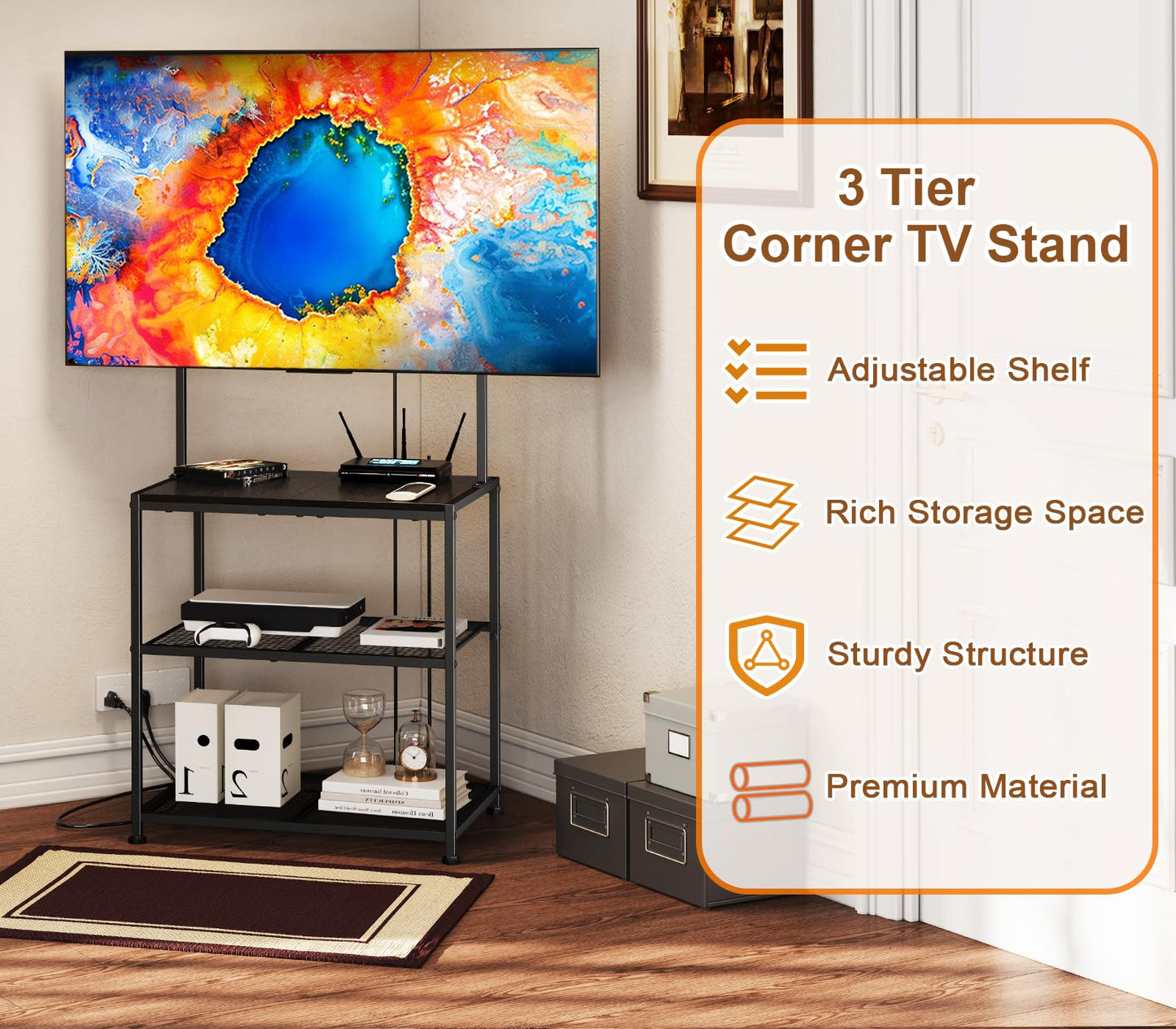 23 Inch to 50 Inch Floor Small Corner TV Stand with Storage Shelves for Living Room Bedroom, Universal Floor Television Stands with Mount, Farmhouse Black TV Table Desk Shelf for Small Spaces
