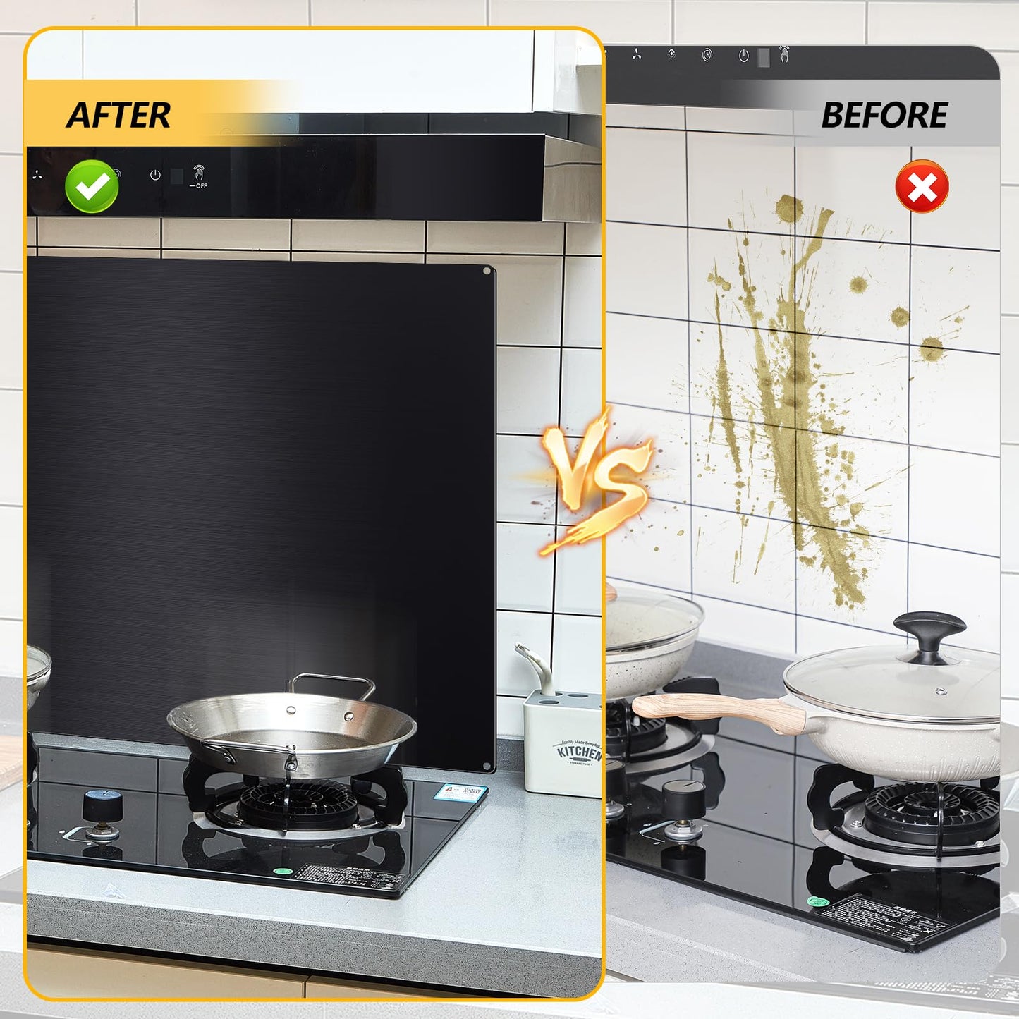 Yaocom Stainless Steel Backsplash Range Hood Stove Backsplash Back Stainless Steel Sheet for Kitchen Wall Splatter Metal Wall Panels with Screws and Hanging Towel(Black,24×30 Inch)