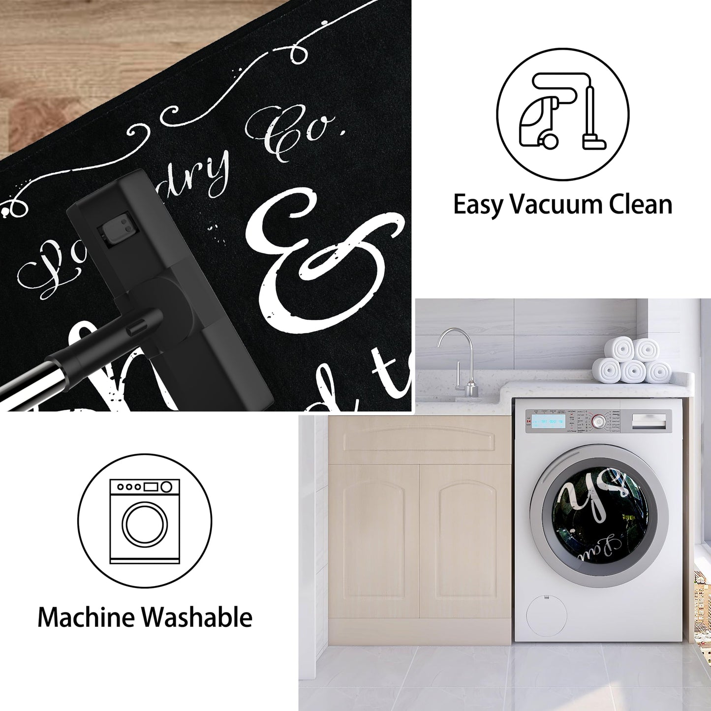 EYECY Laundry Room Rug Runner 20"x49" Non Slip TPR-Backed Rug for Kitchen, Bathroom, and Hallway - Black
