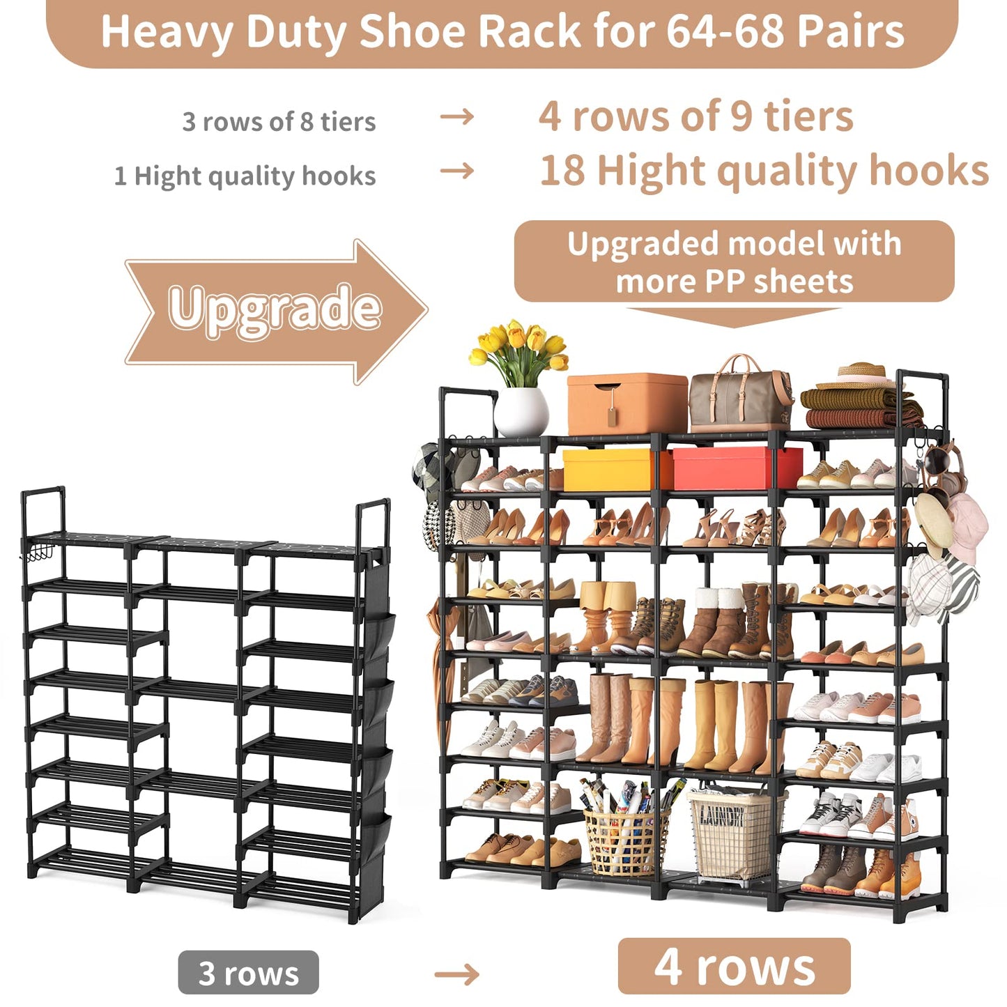 ROJASOP Large Shoe Rack Organizer for Entryway Closet 64-68 Pairs 9-Tier Heavy Duty Tall Garage Shoe Rack Shoe Shelf Shoes Storage with 18 Pcs Removable Side Hooks for Bedroom and Garage Black