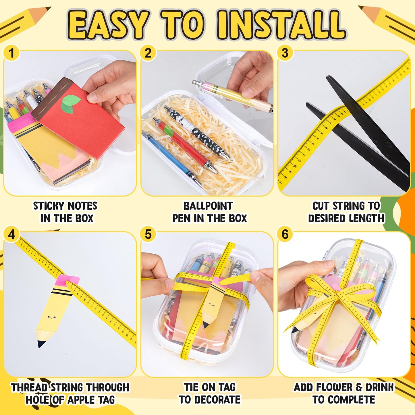 Landhoow 6 Sets Teacher Appreciation Gifts Hard Sided Clear Zipper Case Scroll Pen Sticky Notes Double-Sided Hang Tag Ribbon Measuring Tape for Back to School Gifts Graduation Party Favors