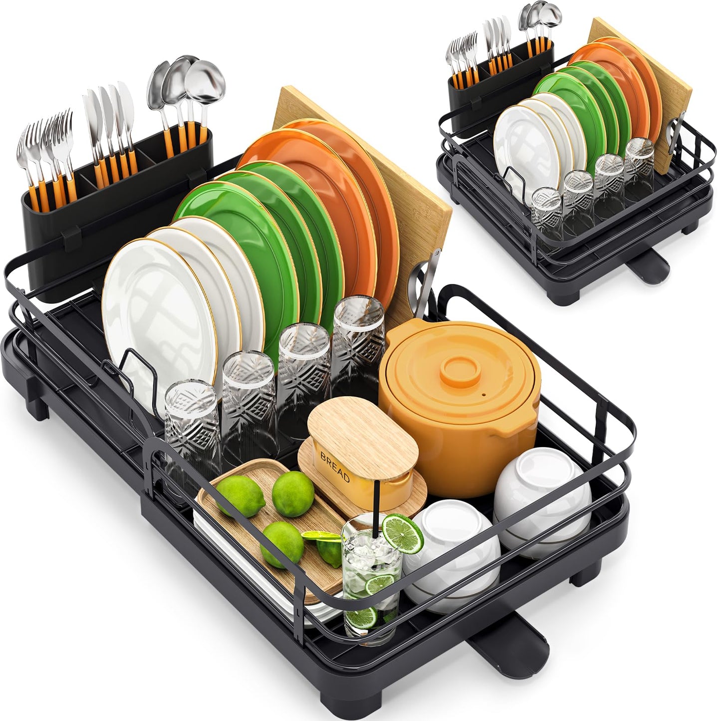 TOOLF Expandable Dish Rack, Dish Drying Rack for Kitchen Counter, Foldable Dish Dryer Rack, Stainless Steel Dish Drainer Racks with Cutlery Holder, Collapsible Dish Drying Racks Standard Size,Black
