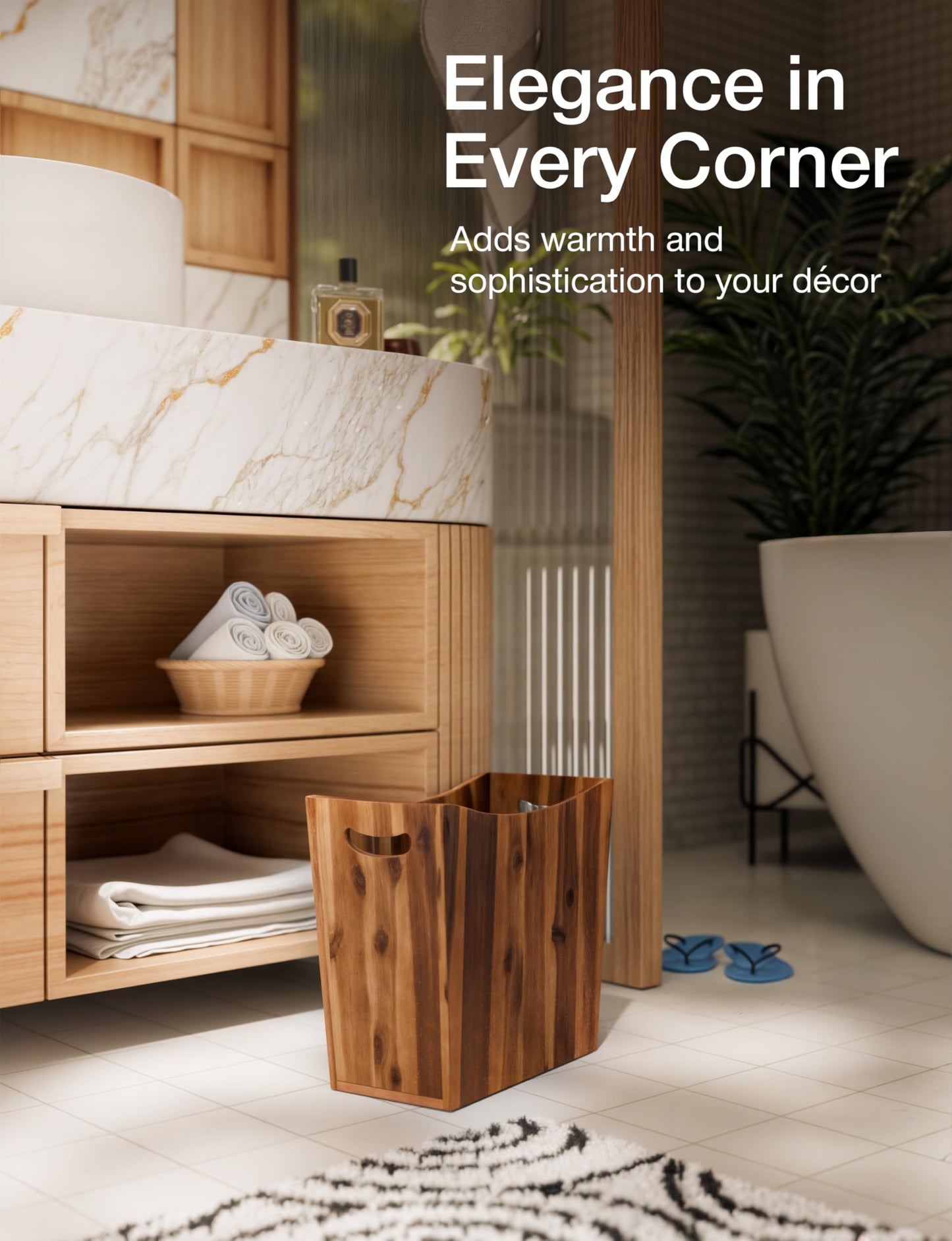 Tidita 3 Gallons Rectangular Wastebaskets - Acacia Wood Waste Basket with Handles - Small Trash Can for Bathroom - Brown Garbage Bin for Spa Bathroom Decorative, Kitchen Counter, Living Room (Walnut)