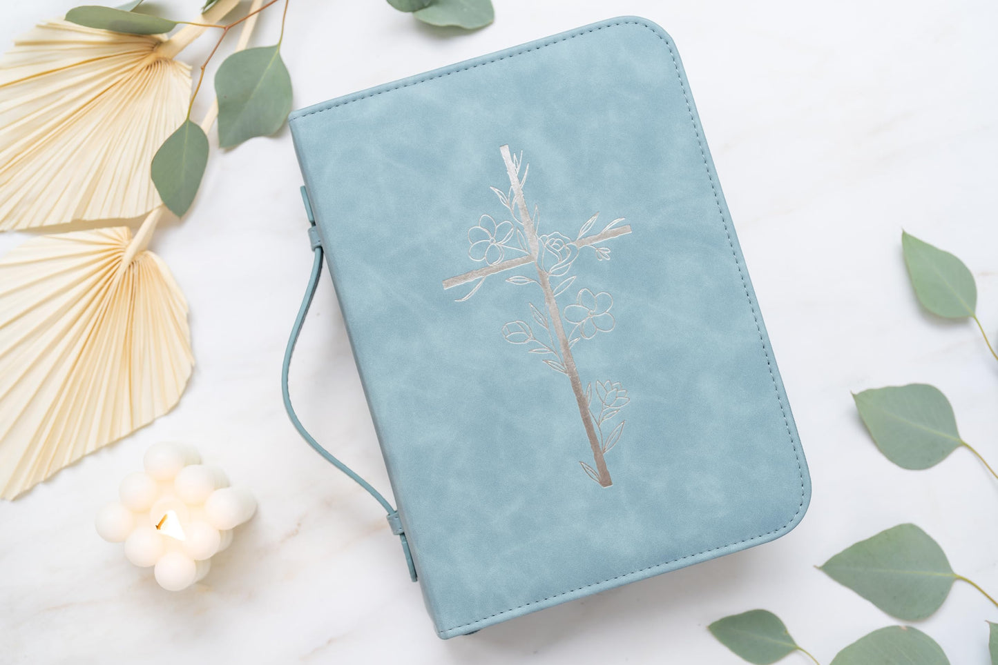 Bible Cover Case for Women – PU Leather Large Bible Case with Minimalist Debossed Design – Christian Bible Accessories for Girls & Women (Blue)