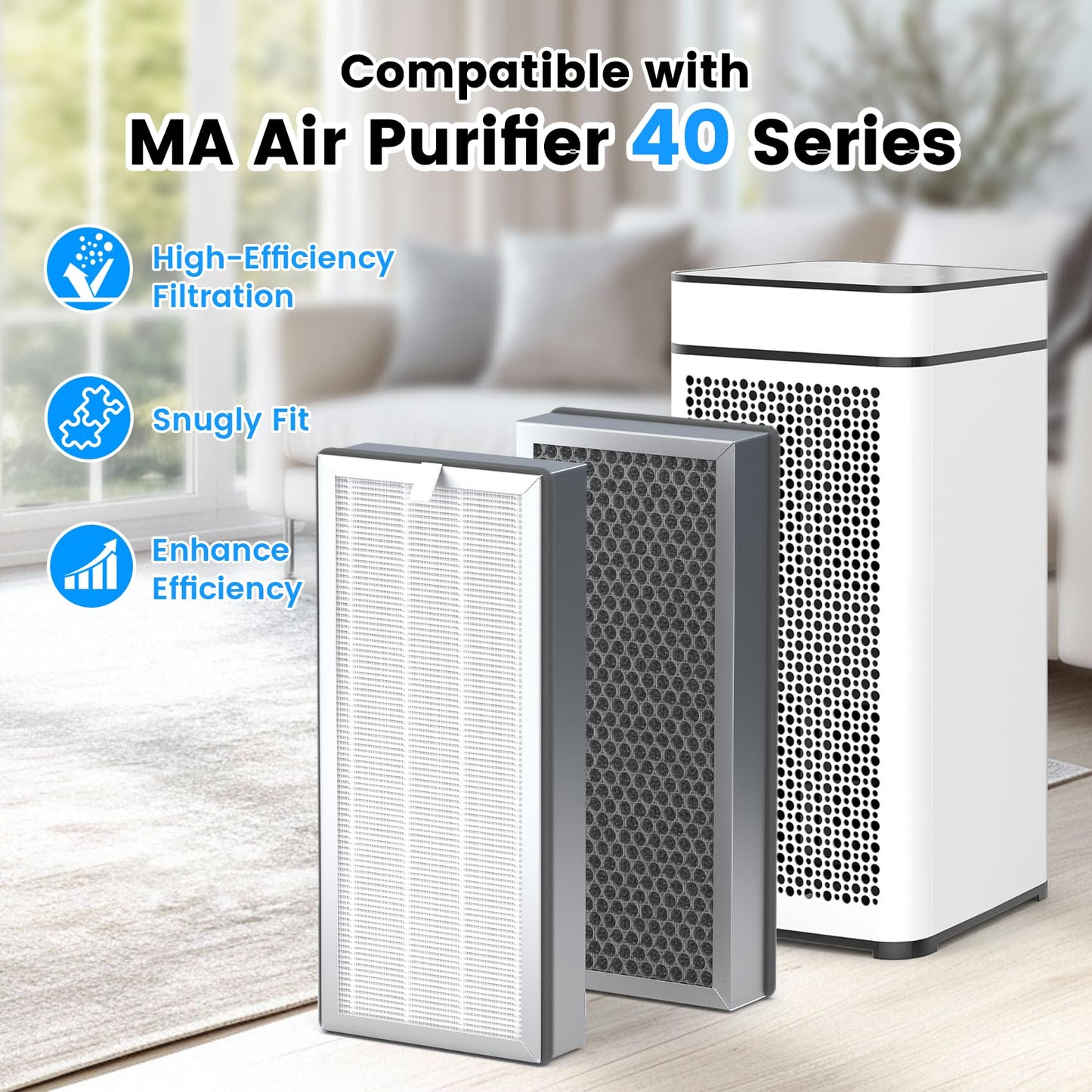2 Pack 40 Replacement Filter Compatible with MA Series 40 Purifier, High-efficiency Filter and Activated Carbon Filter, 3-in-1 High-efficiency Filter.