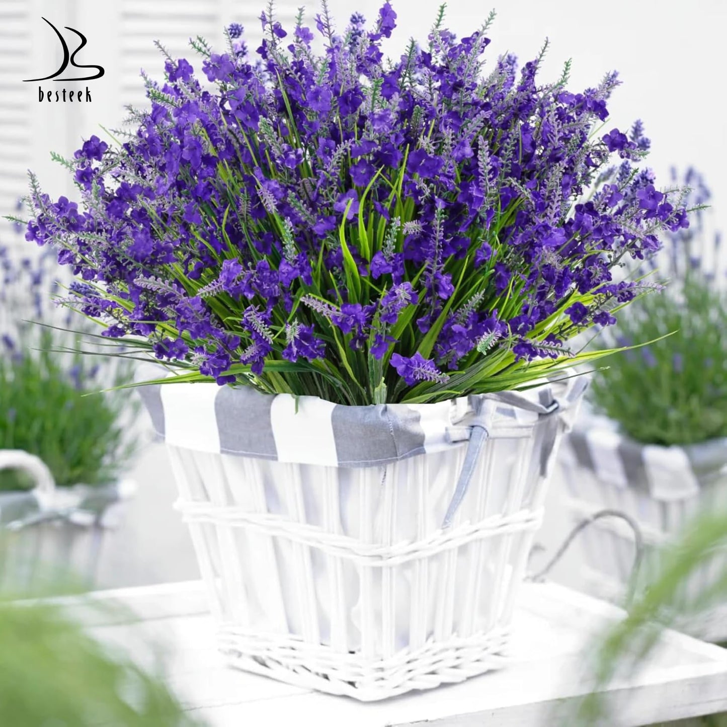 Besteek 20 Bundles Artificial Lavender Flowers for Outdoors Fake Silk Flowers Faux Plants UV Resistant for Indoor Outside Spring Porch Garden Window Table Box Office Home Decorations, Deep Purple
