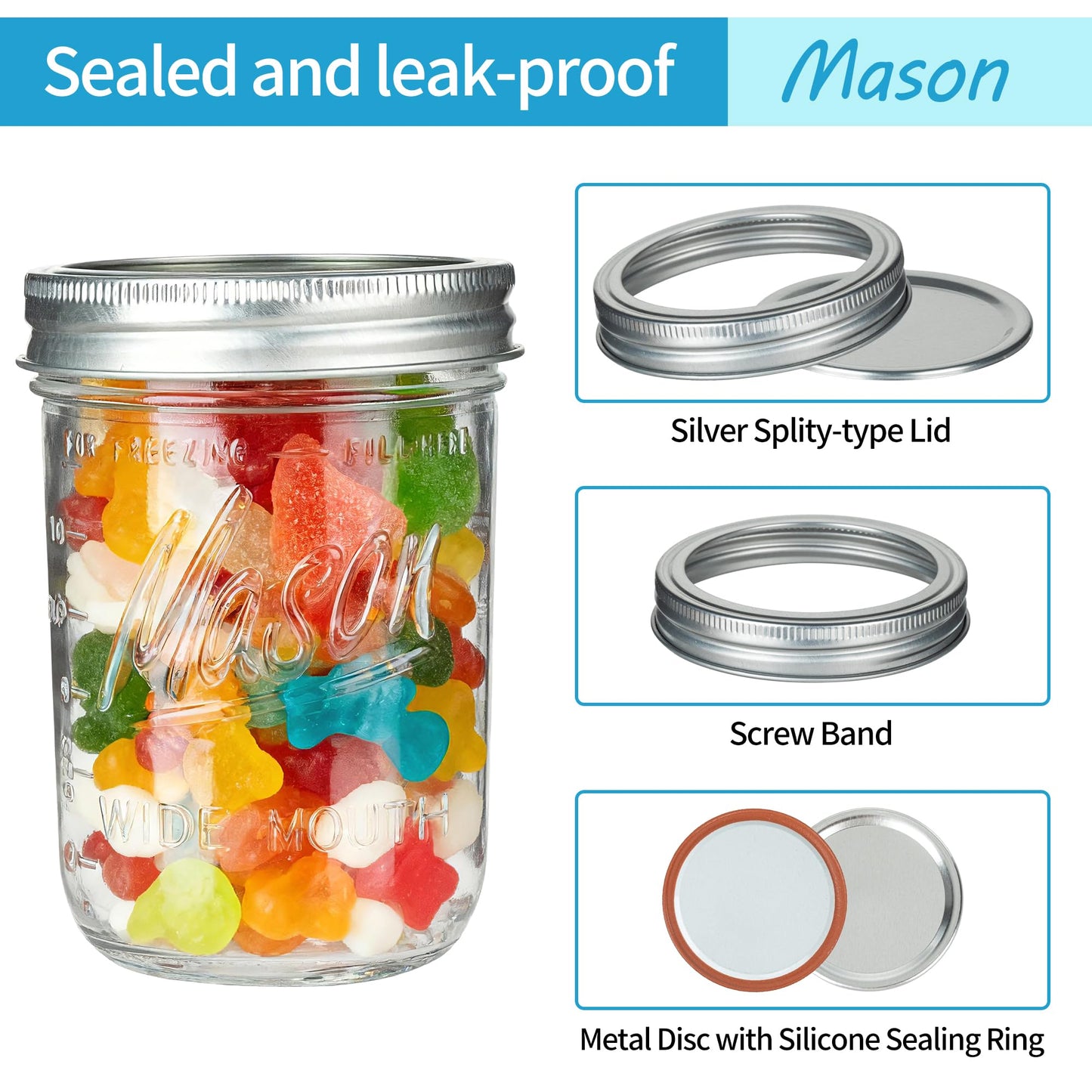 Wide Mouth Mason Jars 16 oz with Lids 8 Pack, Canning Jars with Metal Airtight Lids and Bands, 16 oz Glass Jars for Fermenting, Meal Prep, Freezing