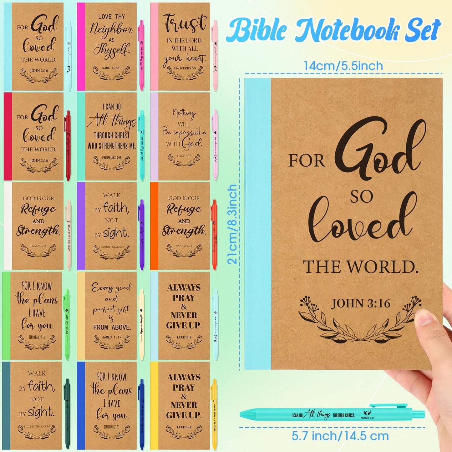 Resurhang 30 Set Christian Notebook and Pen Gift Set Bulk A5 Composition Journal Bible Verse Pen Religious Lined Notepad Scripture Notepad for Teacher, Church, Nurse, Graduation (Rainbow)