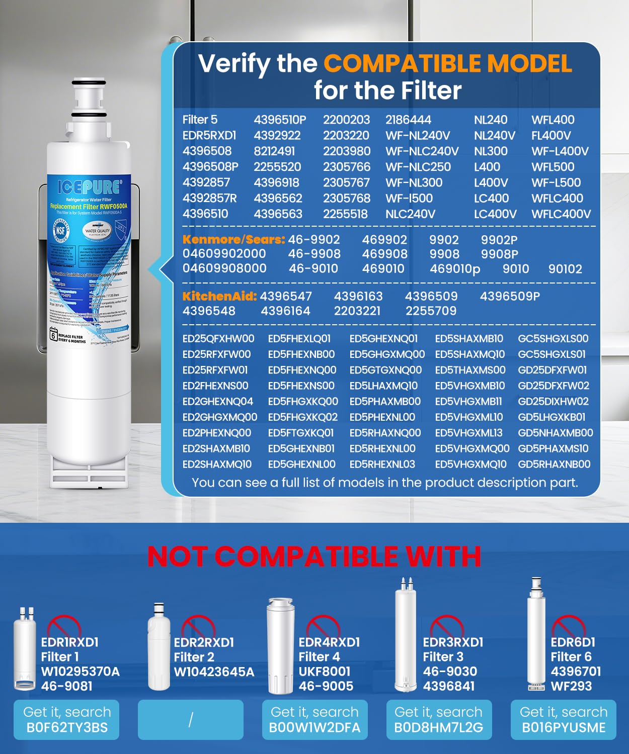 ICEPURE 4396508 Refrigerator Water Filter Compatible with Whirlpool 4396508, 4396510, edr5rxd1, filter 5, 4392857, NL240V, WFL400, 9010 filter, wf285, 4396547, RWF0500A 4 PACK