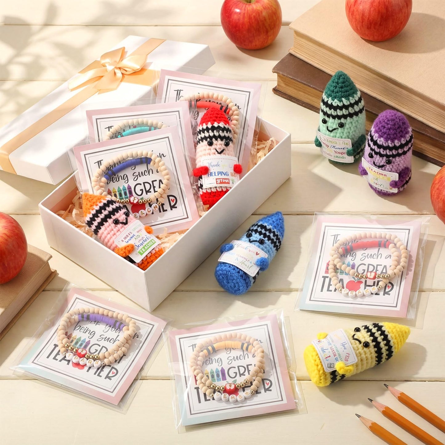 Juinte 6 Set Teacher Appreciation Gifts Crayon Crochet Dolls with Thank You Teacher Bracelet Presents for Graduation End of Year from Students