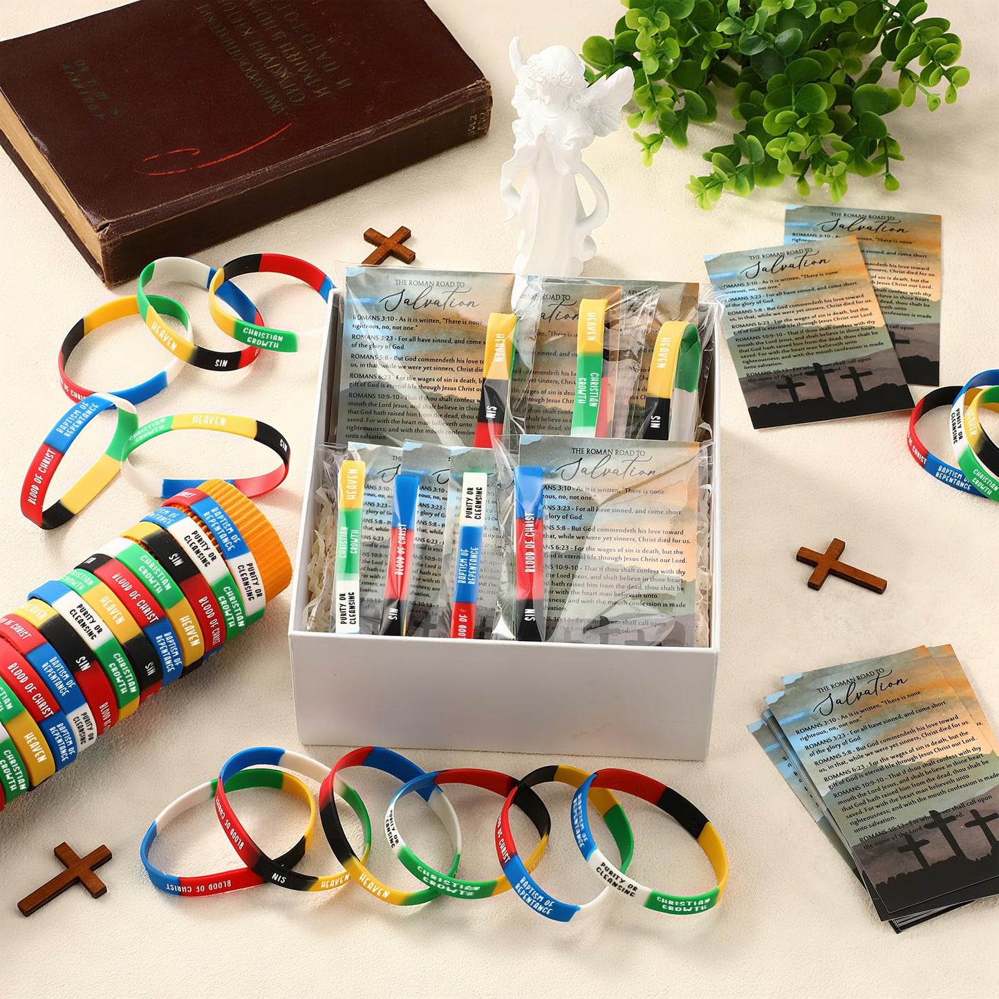 Gemscream 200 Sets Father's Day Plan of Salvation Bracelets with Plan of Salvation Card Gospel Bracelet Christian Silicone Bracelets Gospel Tracts Scripture Gift for Men Father Church
