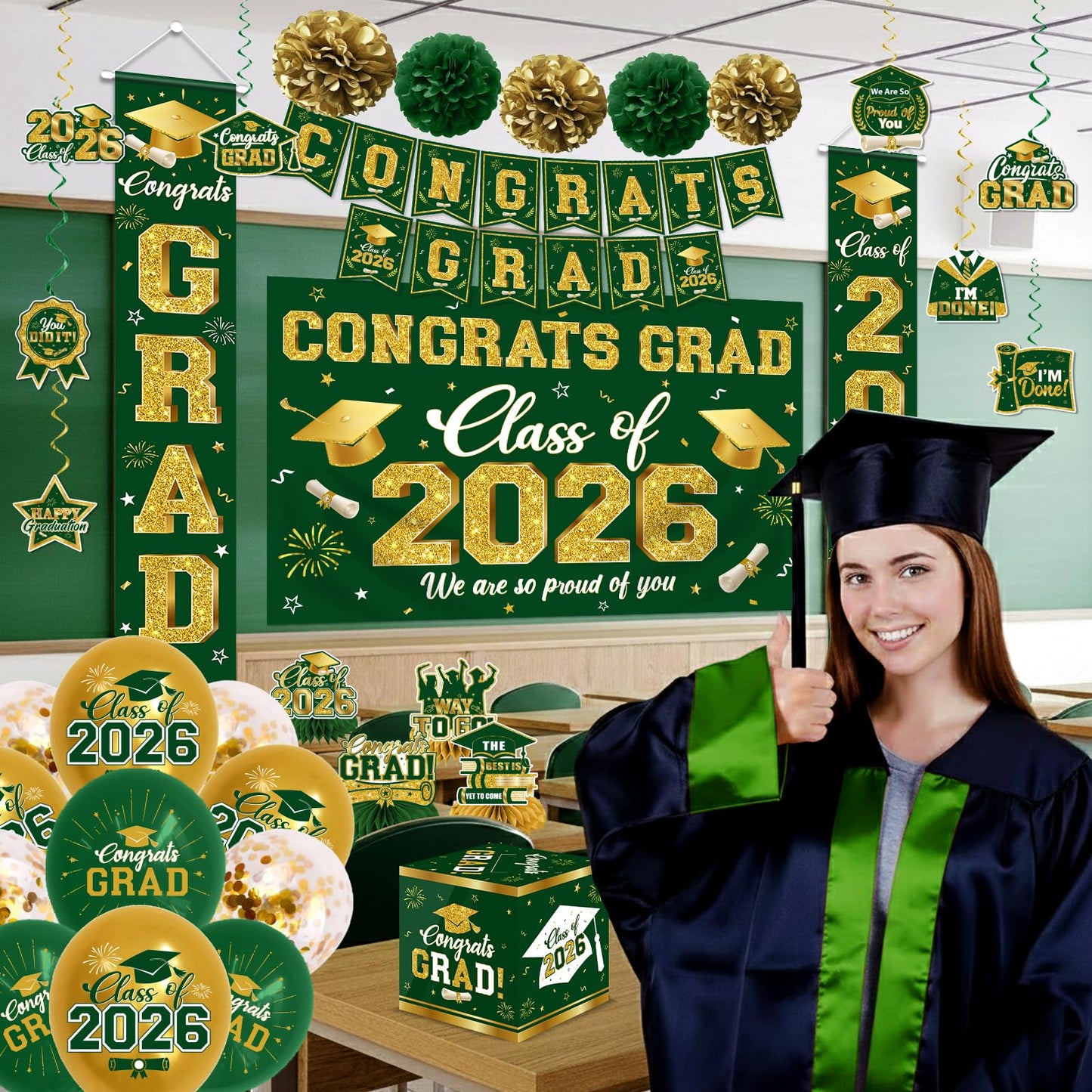 2026 Graduation Decorations - Green Congrats Grad Party Supplies include Card Box, Backdrop, Banner and Balloons for Class of 2026 Decorations Set