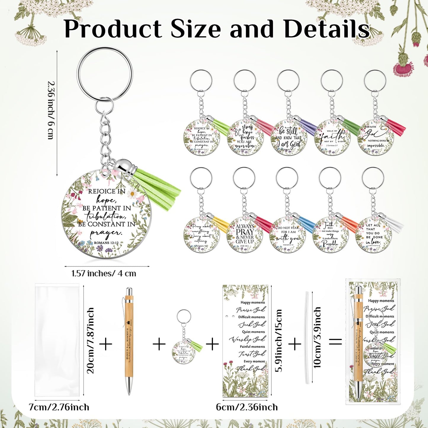 Spakon 50 Sets Fathers Day Christian Gifts Bulk Bible Verse Bamboo Pen Christian Floral Keychain Inspirational Bookmark Religious Church Gift for Church Members Women Sunday School Teacher (Bible)