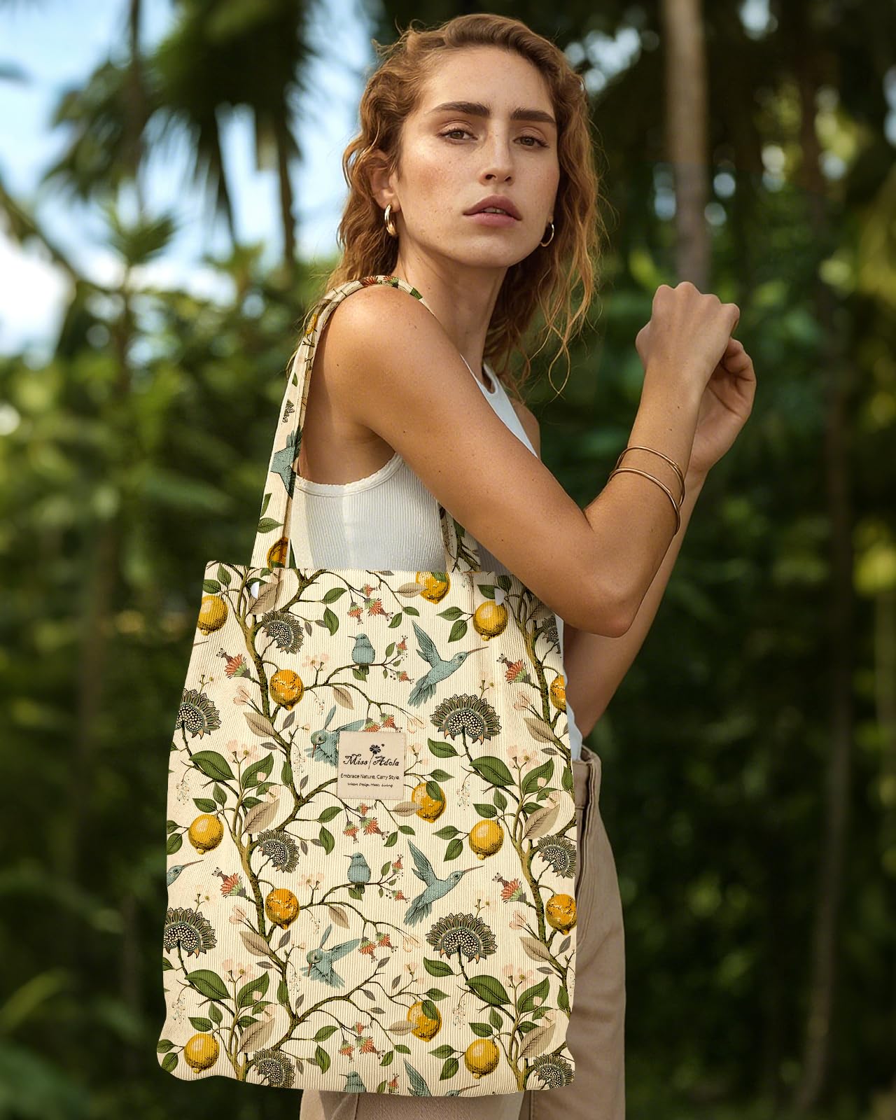 Miss Adola Corduroy Tote Bag for Women - Reusable Totes with Inner Pocket & Buckle Cute Aesthetic Design Cloth Shopping Grocery Shoulder Bag for Work Travel, Lemon Flower Bird