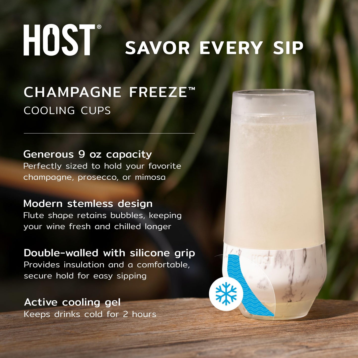 HOST Champagne Freeze Double-Walled Stemless Wine Glasses Freezer Cooling Cups with Active Cooling Gel and Insulated Silicone Grip - 9 Oz Plastic Tumblers, Seafoam Tint, Set of 2
