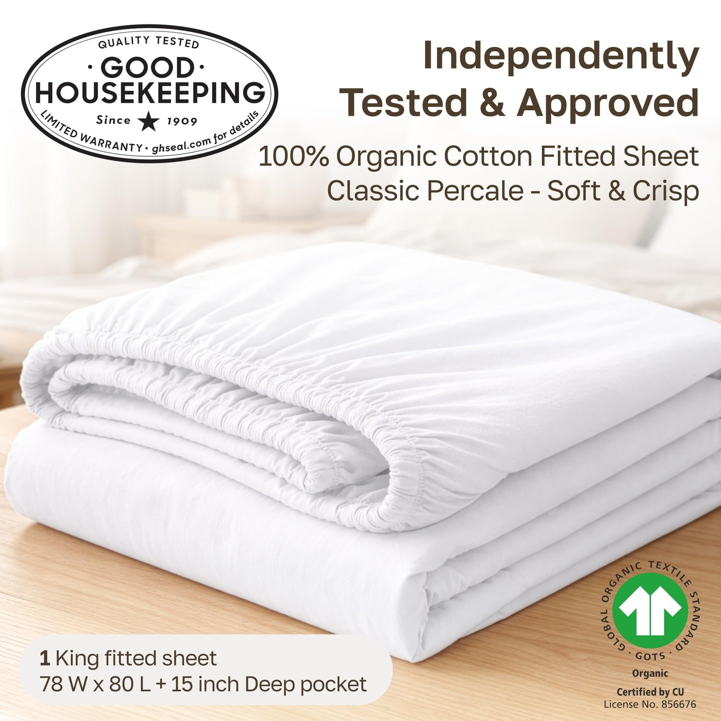 California Design Den 100% Organic Cotton King Fitted Sheet Only - Percale Fitted Sheet King with Deep Pockets, Crisp, Lightweight, Anti Skid Elastic for a Snug Fit - White