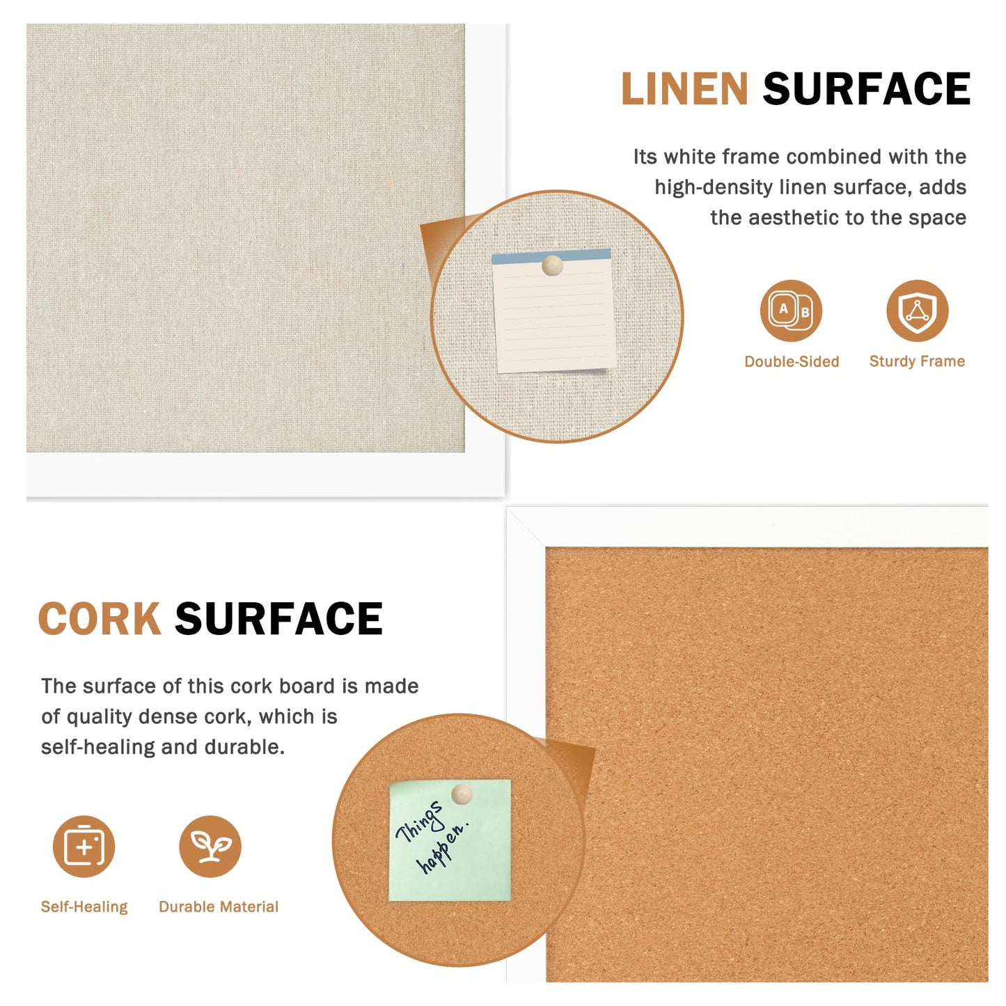AMUSIGHT Double-Sided Large Cork Board with Linen, 36" x 24" Hanging Wood Framed Bulletin Board, Picture Display Vision Board Corkboards for Wall Room School Office Decor, 20 Pushpins,1pack